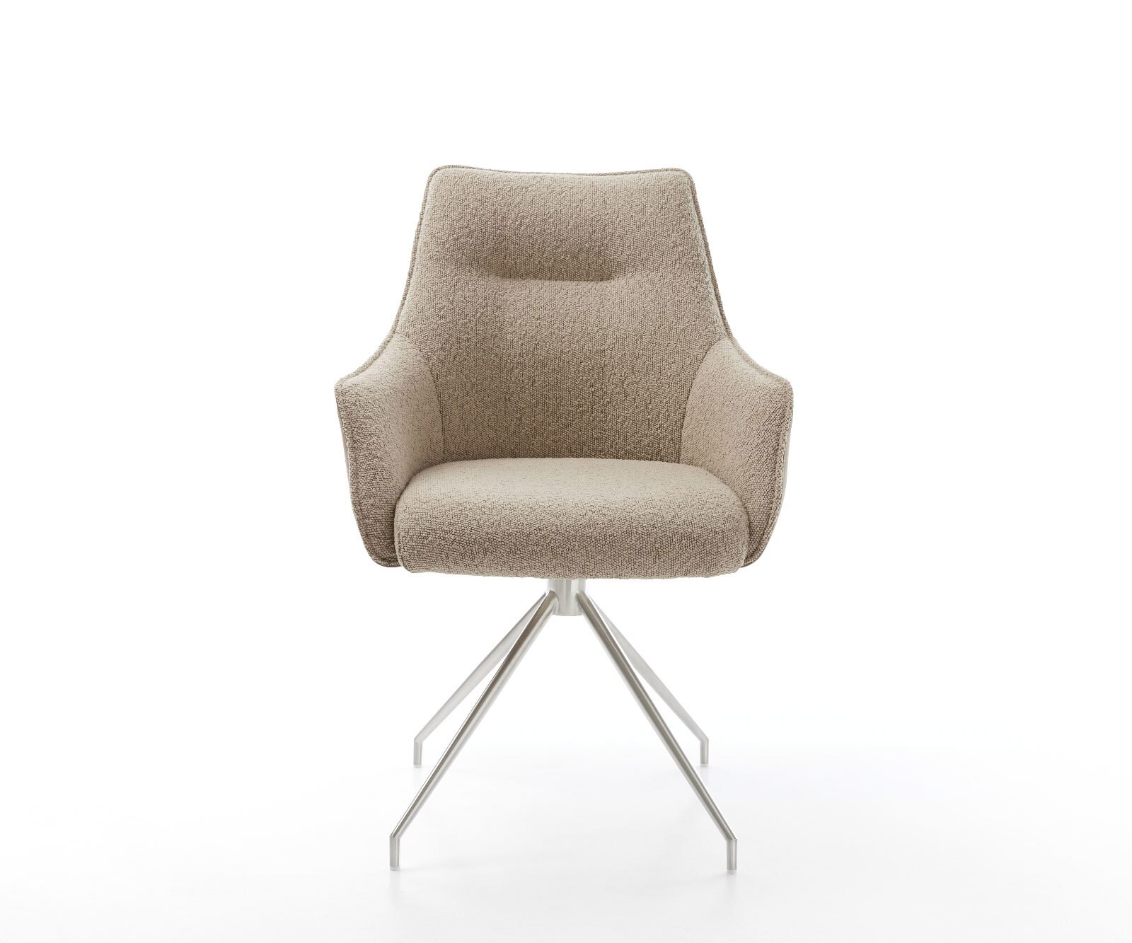 Chaise-pivotante Alja-Flex avec accoudoirs tissu mixte couleur boue pied croisé conique acier inoxydable brossé pivotement sur 180° ressorts ensachés 1