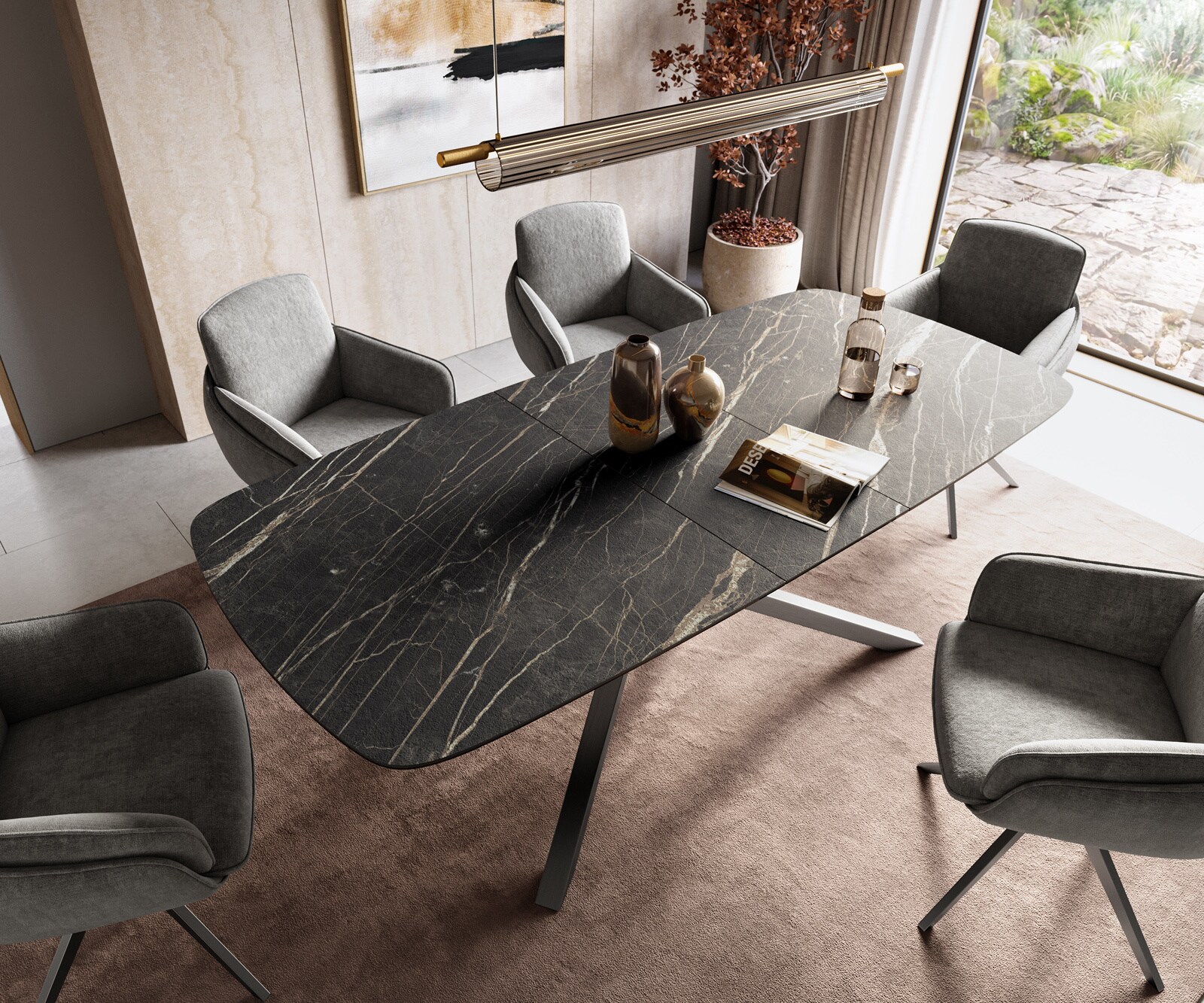 Esstisch Edge Boot 180-220x100 cm Laminam® Keramik Noir Desir Braun Kreuzgestell Rechteck Edelstahl Graphit ausziehbar 3