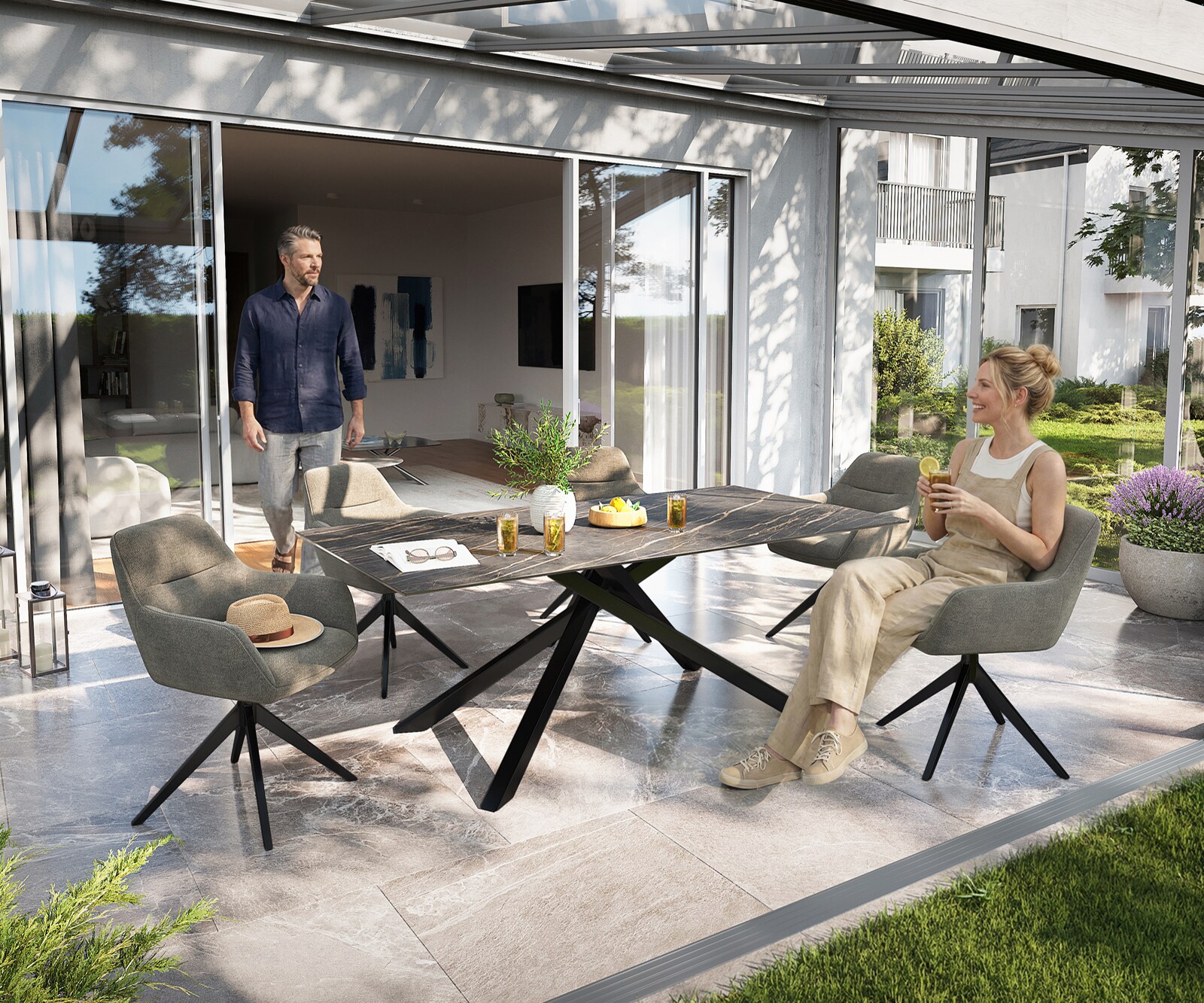 Outdoortisch Edge 200x100 cm Keramik Laminam® Noir Desir Braun Kreuzgestell Rechteck Schwarz 6