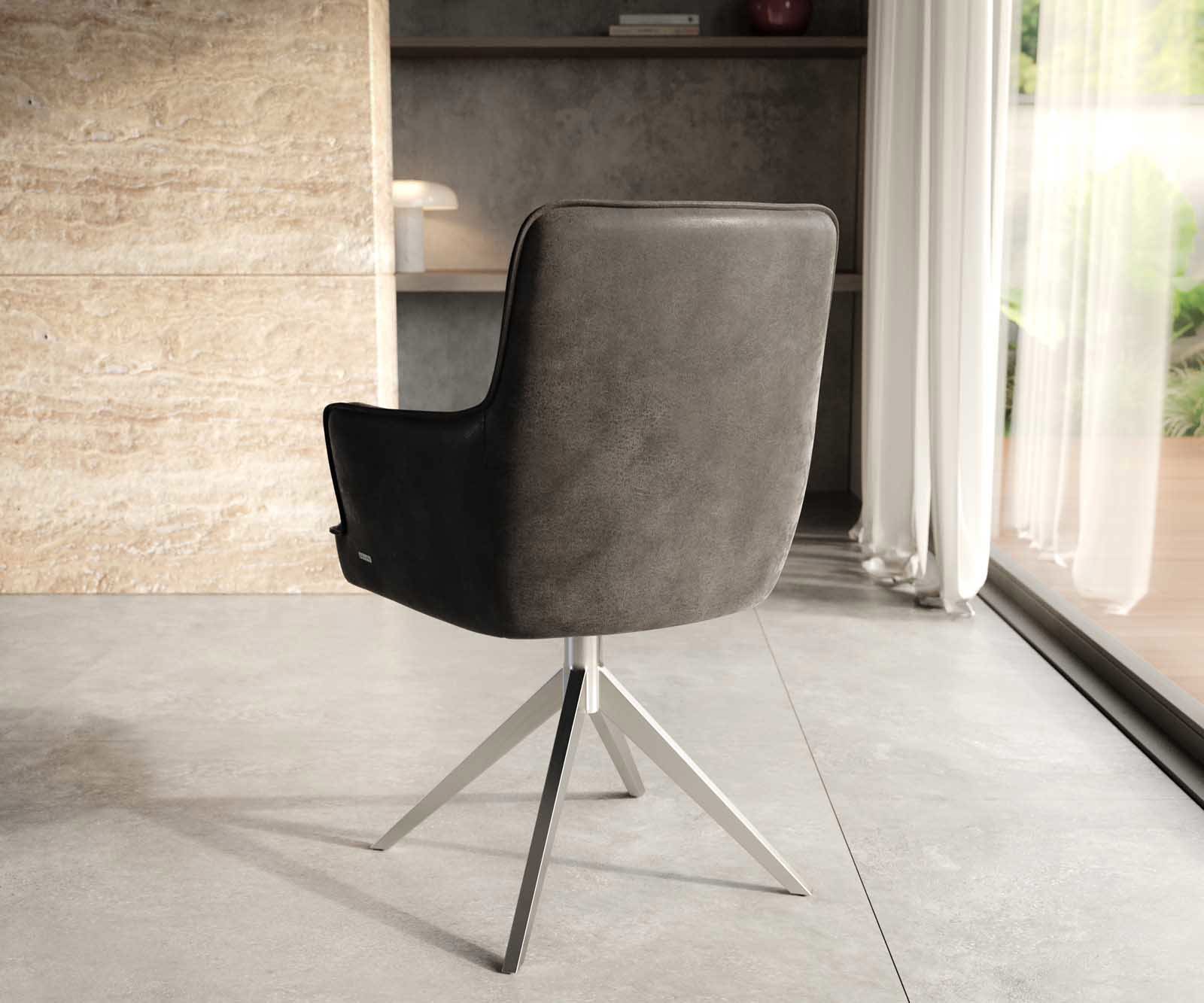 Chaise-pivotante Heira-Flex avec accoudoirs microvelours anthracite vintage pied croisé large acier inoxydable brossé pivotement sur 360° ressorts ensachés 3