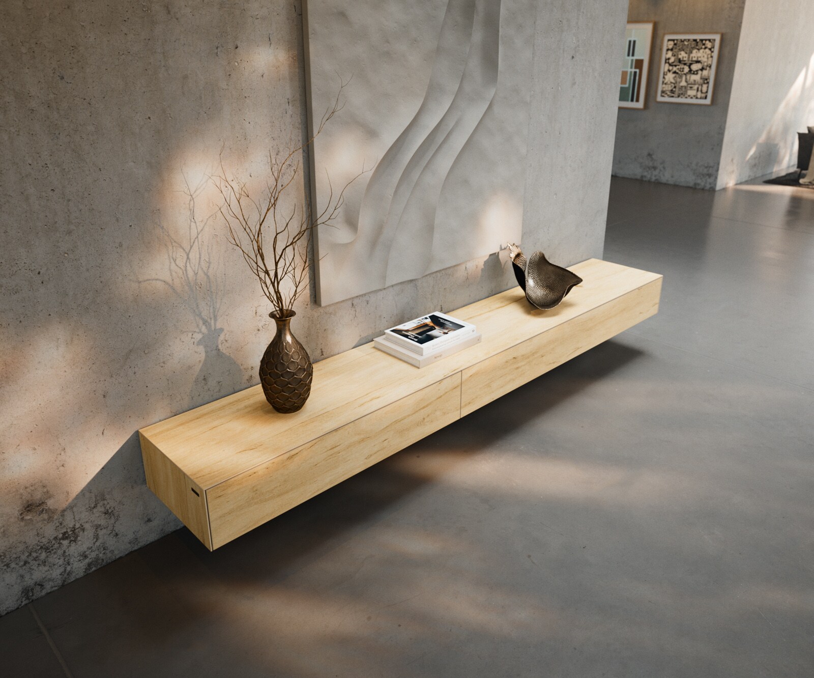 Lowboard Cuor 250 cm Keramik Laminam® Sabbia Eichefarbig 1 Klappe 1 Schubfach Schwebend 3
