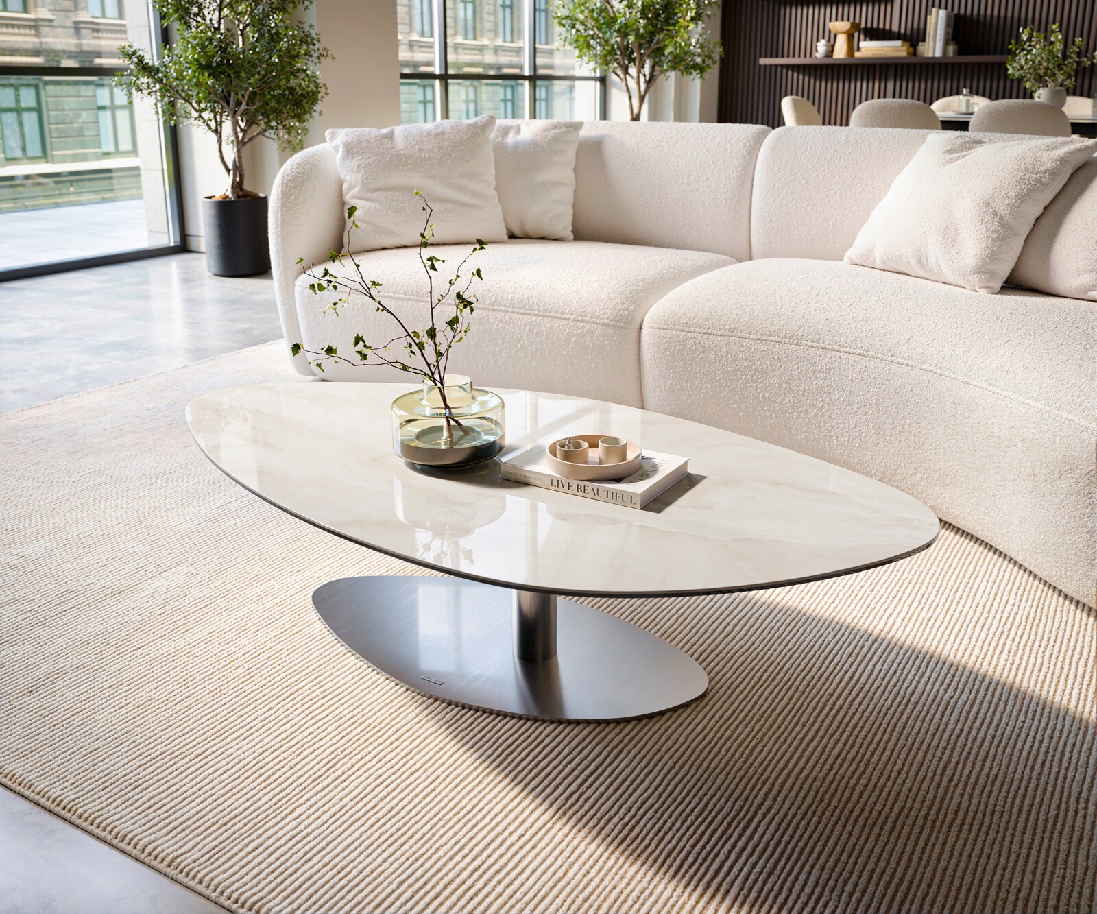 Table basse Edge organique 140x76 cm céramique Onyx Champagne Vibany acier inoxydable brossé 3