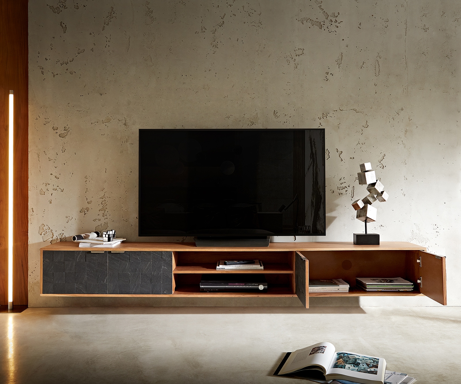 Lowboard Teele 240 cm Akazie Natur Schiefer 4 Türen schwebend 5 Lowboard Teele 240 cm Akazie Natur Schiefer 4 Türen schwebend 5