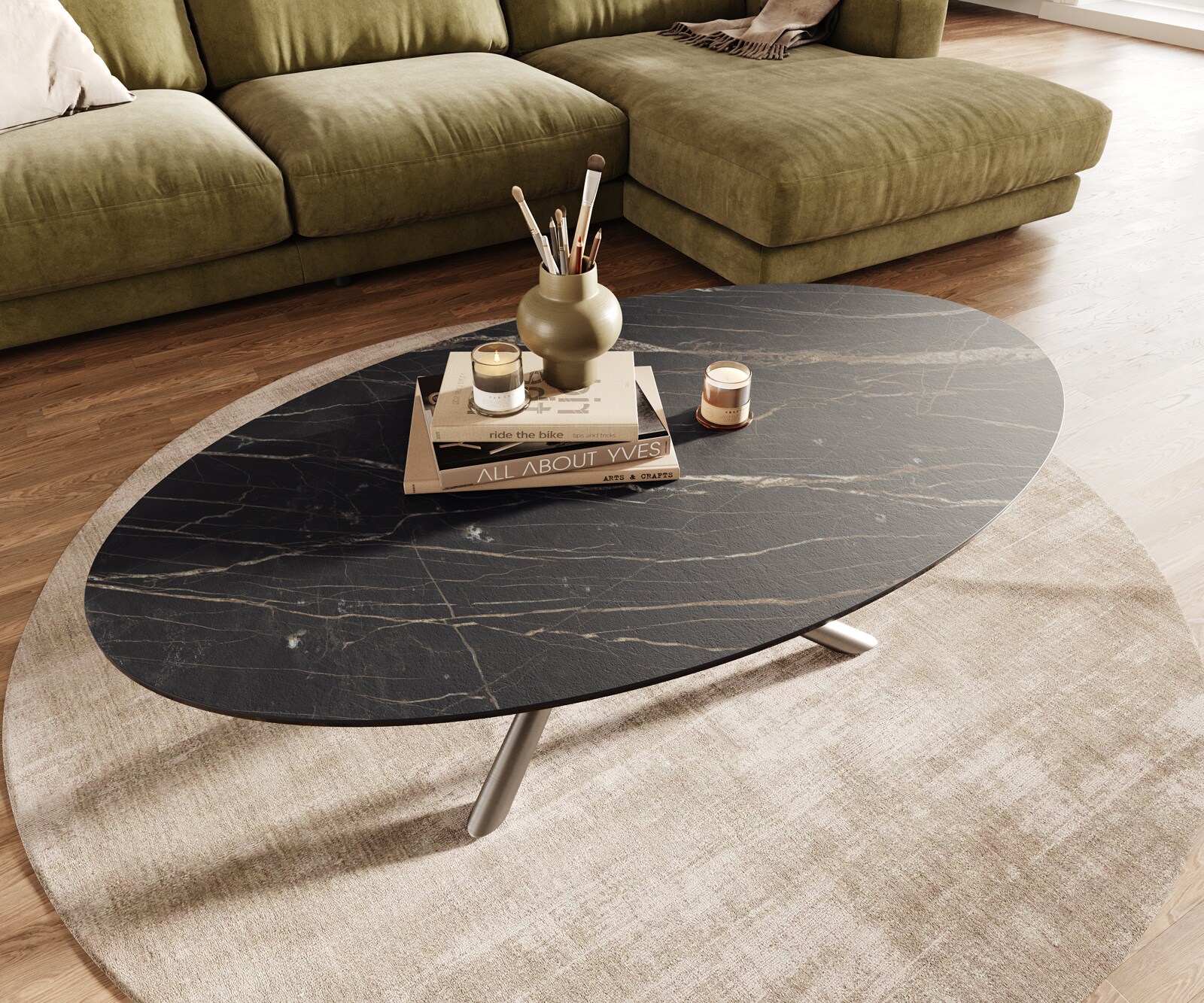 Couchtisch Edge Oval 140x80 cm Keramik Laminam® Noir Desir Braun Sarity Edelstahl gebürstet 4