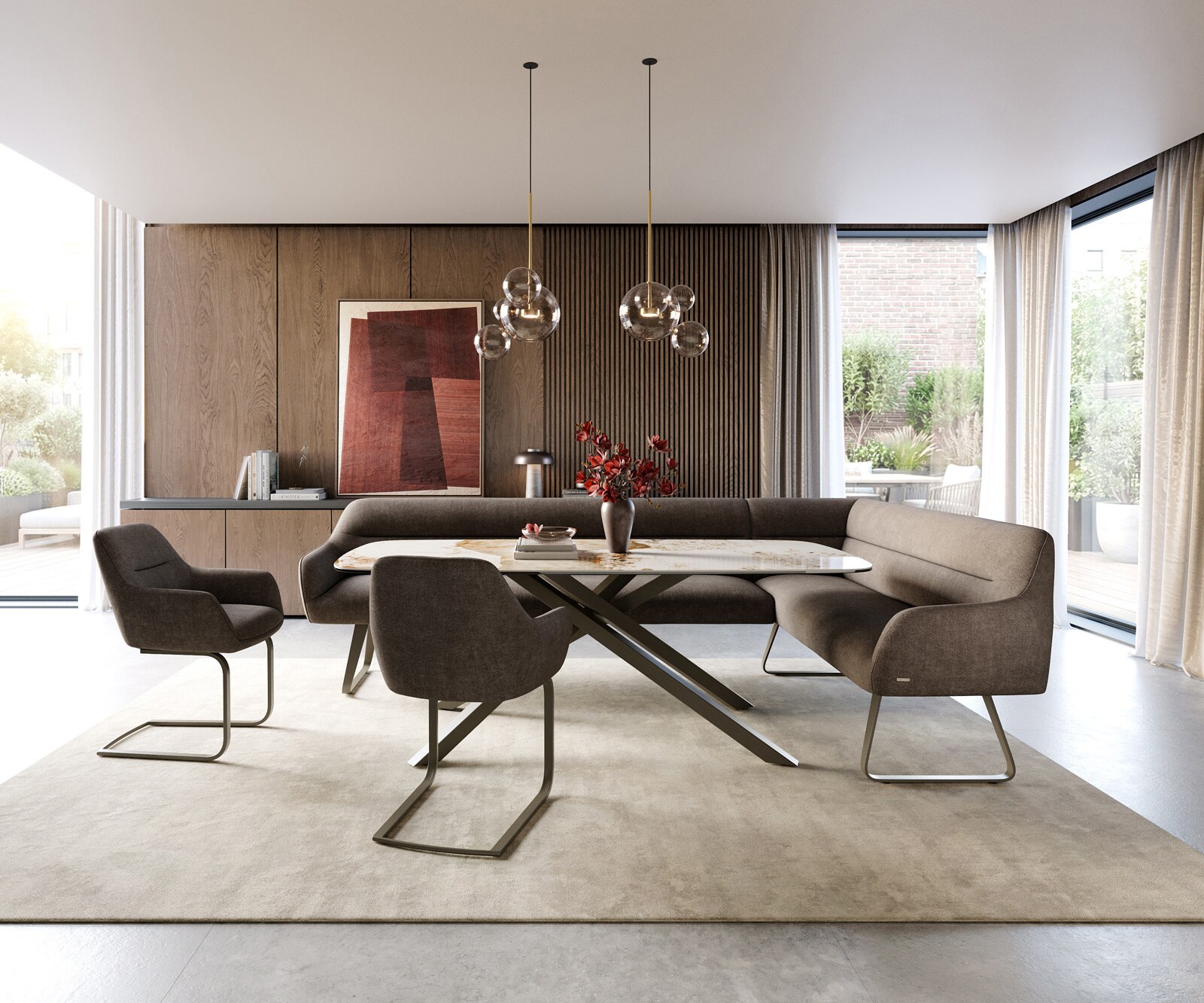 Esszimmerbank Taya-Flex 285x190 cm Strukturstoff Soft Taupe Kufengestell flach Effektfinish Titan Taschenfederkern Links 1