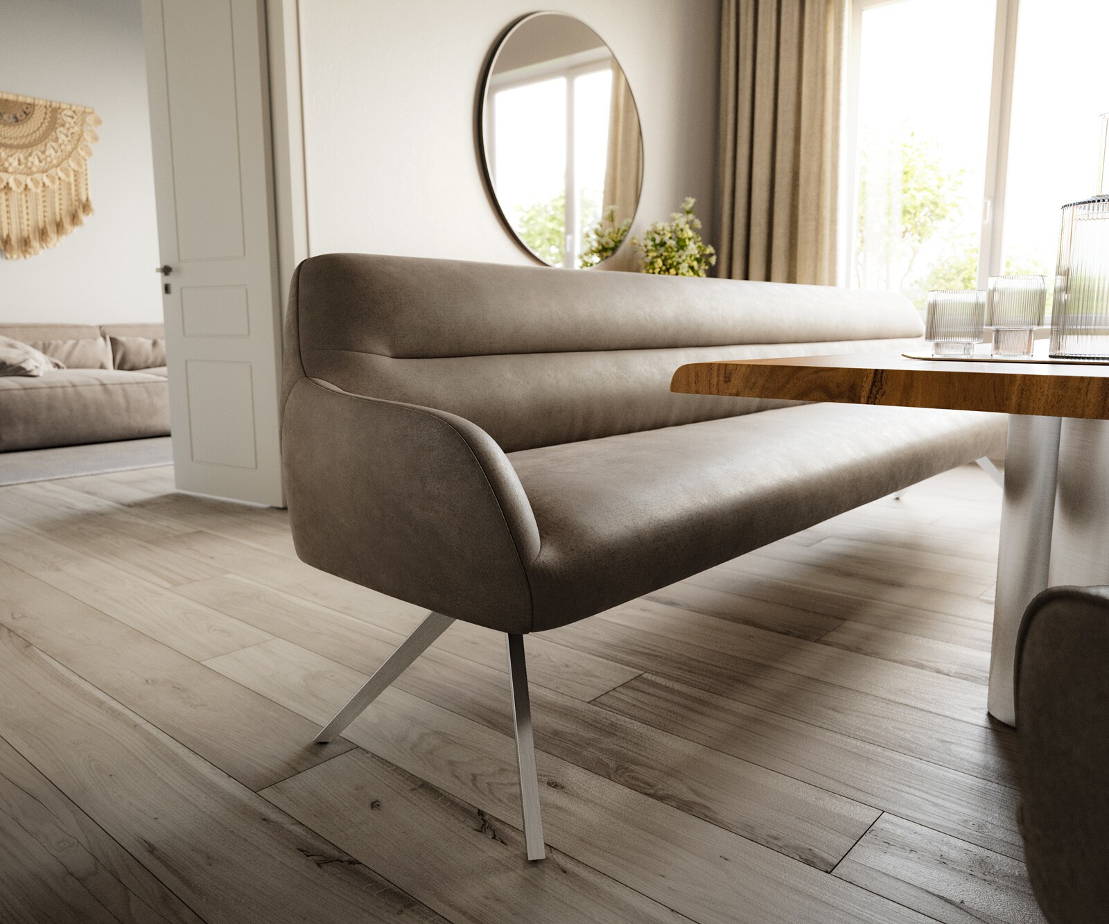 Banc-de-salle-à-manger Taya-Flex 300 cm microfibre taupe vintage pied croisé angulaire acier inoxydable ressort ensaché 4