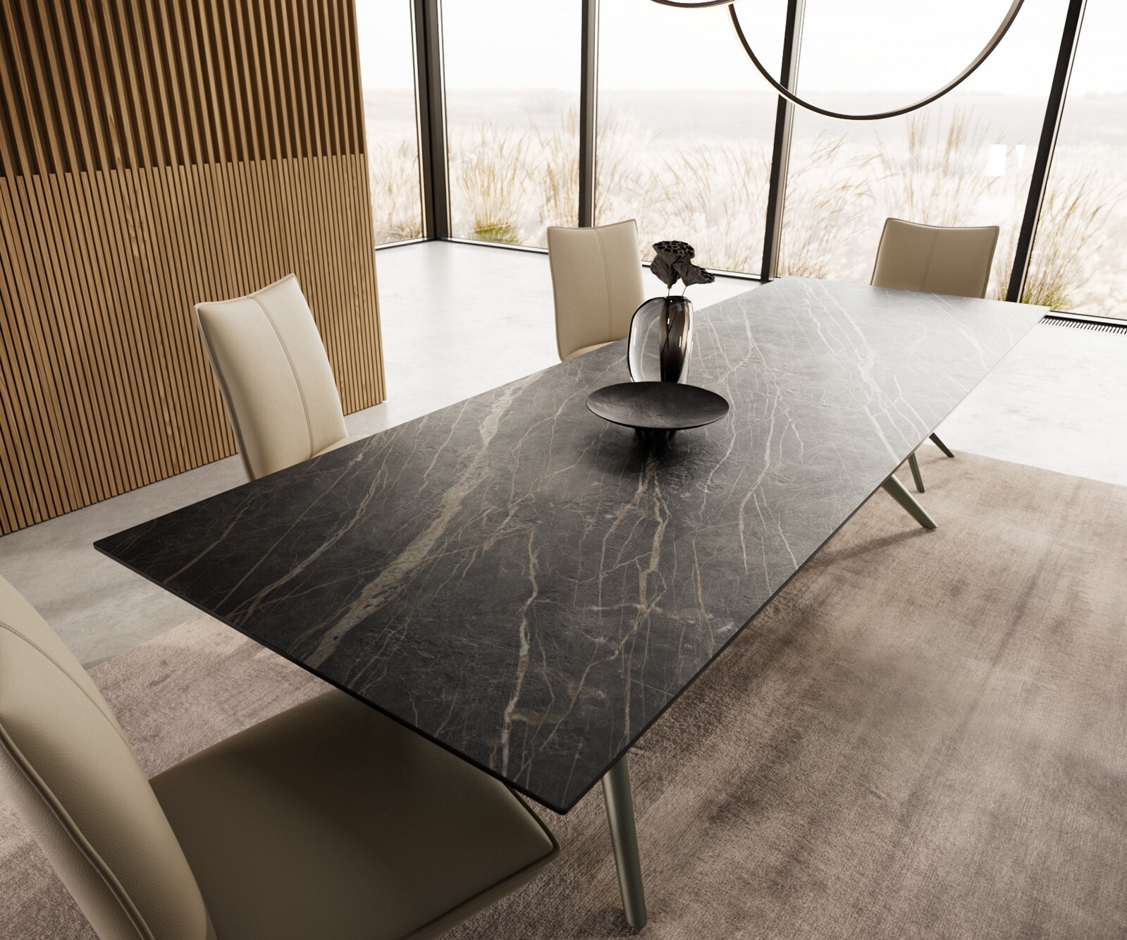 Esstisch Edge 300x100 Keramik Laminam®Noir Desir Braun Estelar rund Metall Effektfinish Titan 3