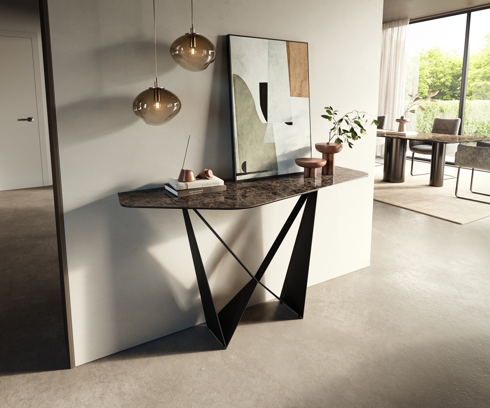 Konsolentisch Edge Polygonal 140x50 cm Keramik Emperador Extra Lucidato Dunkelbraun Spios Metall Schwarz 4