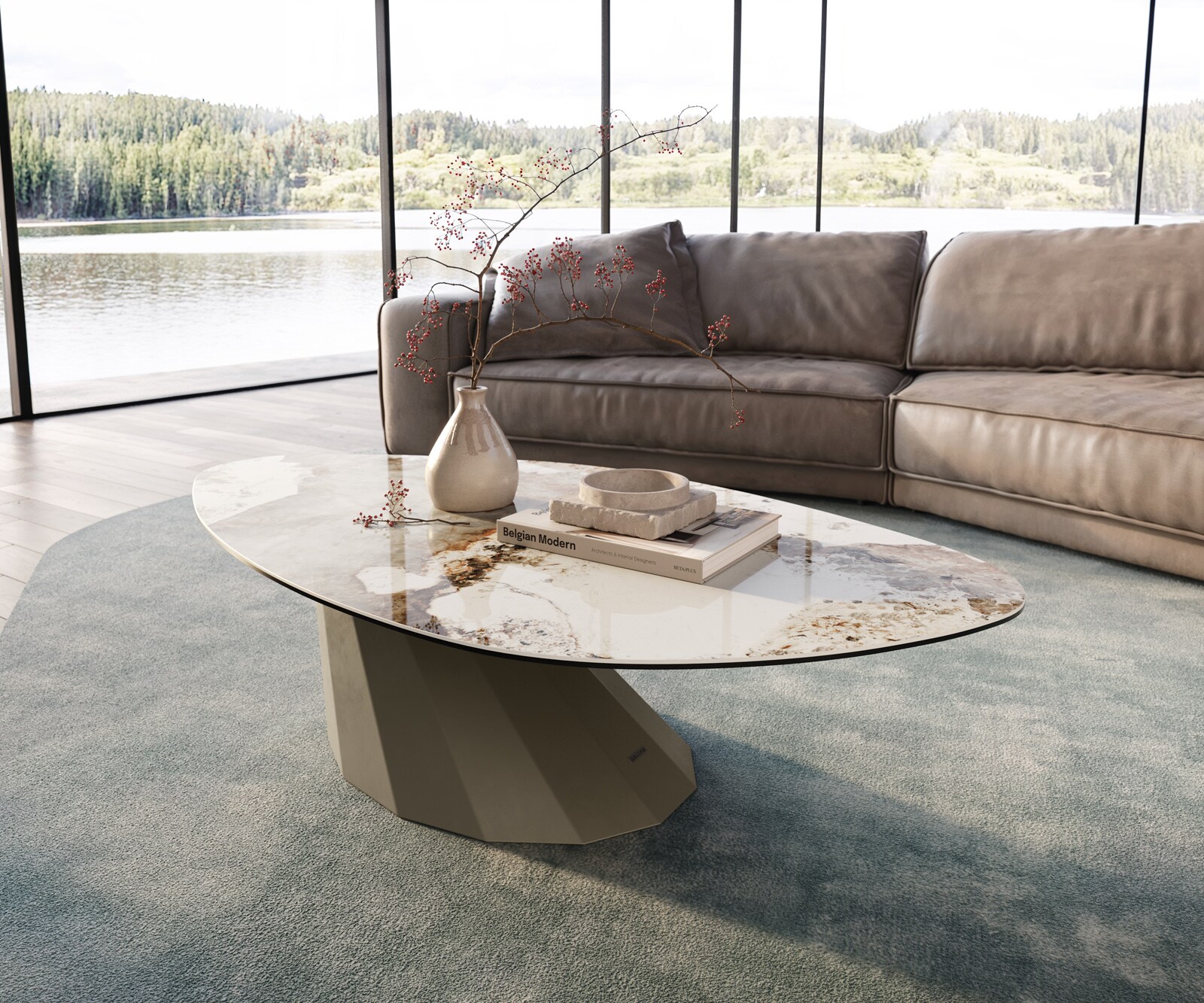 Table basse Edge Organique 140x76 cm céramique Minas Melange Parabi Metall finition effet titane 2