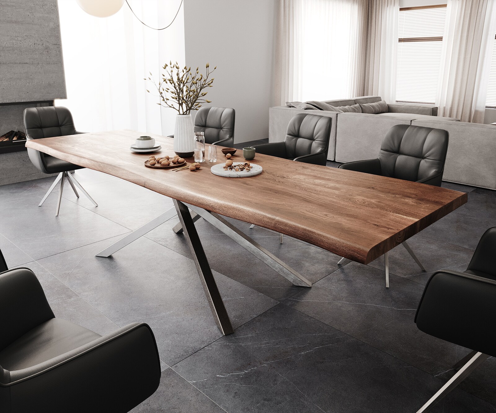 Esstisch Edge 300x100 XL Akazie Braun Kreuzgestell Rechteck Edelstahl Live-Edge 1