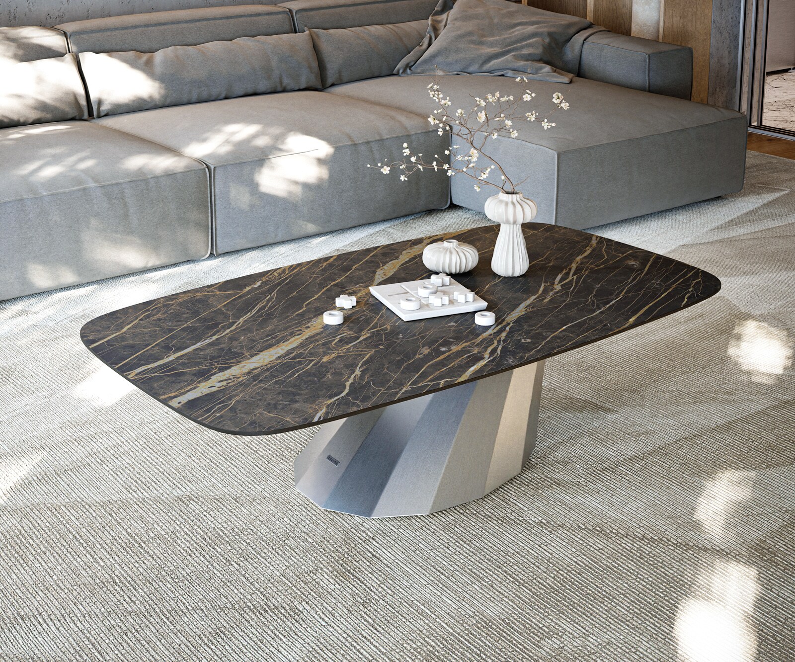 Couchtisch Edge Boot 140x80 cm Keramik Laminam® Noir Desir Braun Parabi Edelstahl gebürstet 1