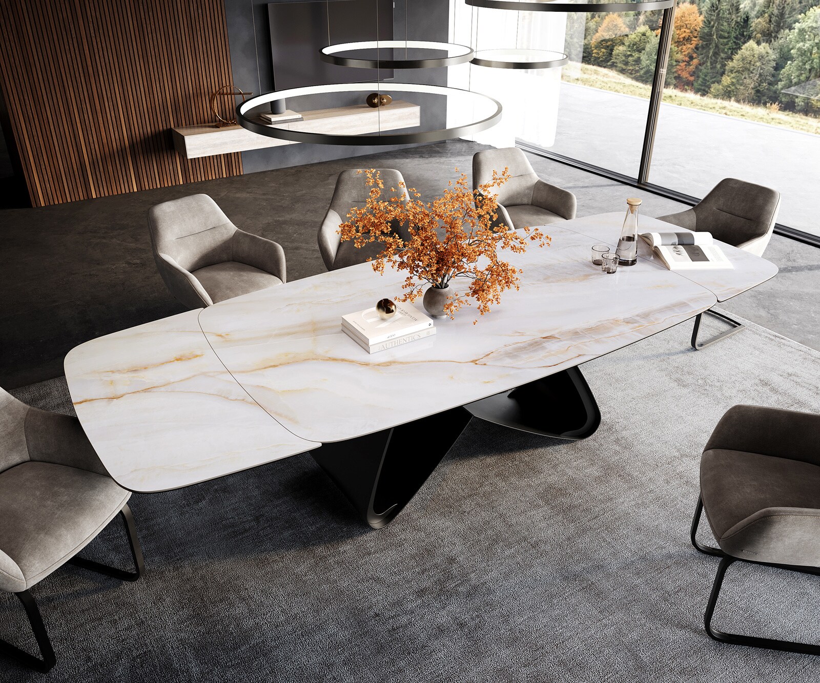 Esstisch Edge Boot 200-300x120 cm Keramik Onyx Pearl W-Gestell Metall Schwarz ausziehbar 3