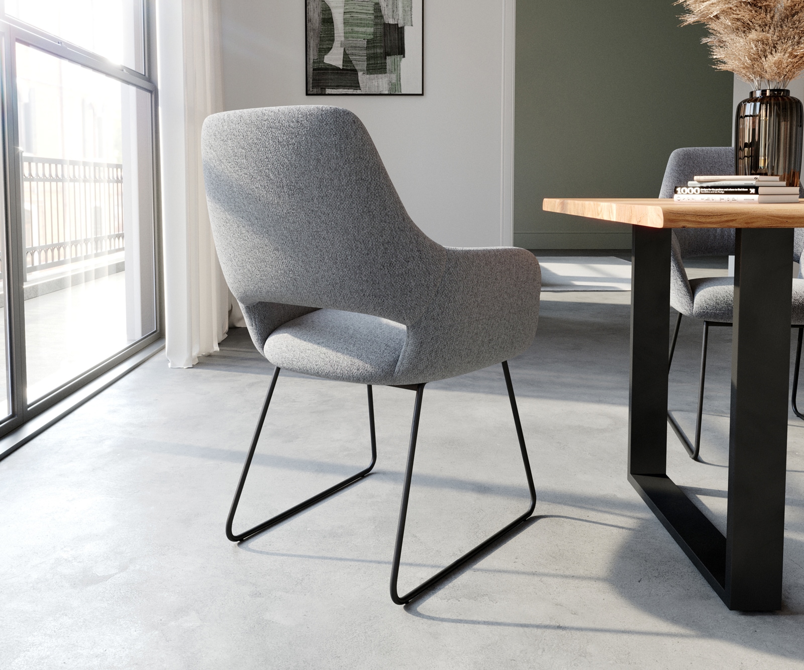 Esszimmerstuhl Yago-Flex mit Armlehnen Strukturstoff Hellgrau Kufengestell Schwarz Taschenfederkern 4 Esszimmerstuhl Yago-Flex mit Armlehnen Strukturstoff Hellgrau Kufengestell Schwarz Taschenfederkern 4