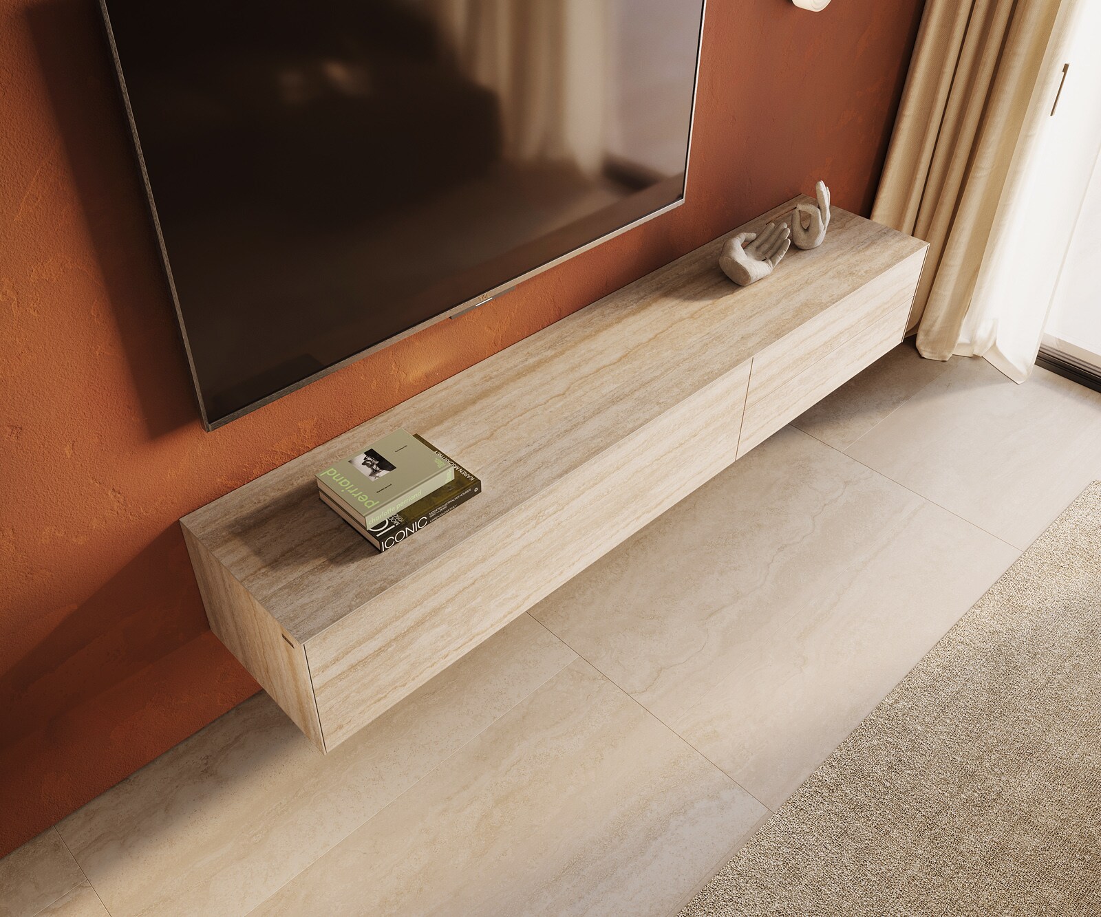 Lowboard Cuor 220 cm Keramik Laminam® Travertino Bianco Creme-Weiß 1 Klappe 2 Schubfächer Schwebend 3
