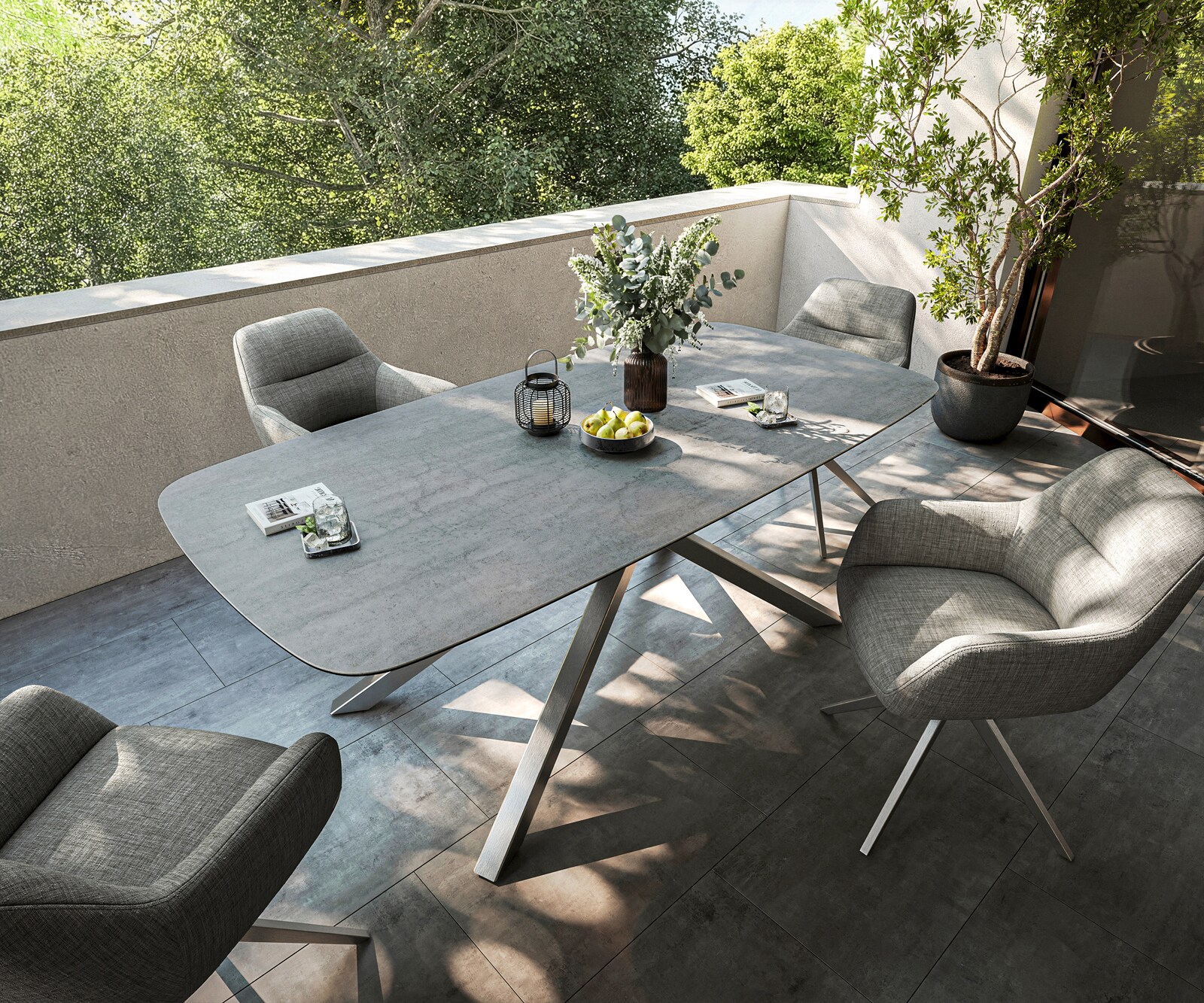 Table d’extérieur Edge bateau 200x100 cm céramique béton gris piètement croisé rectangulaire inox 3