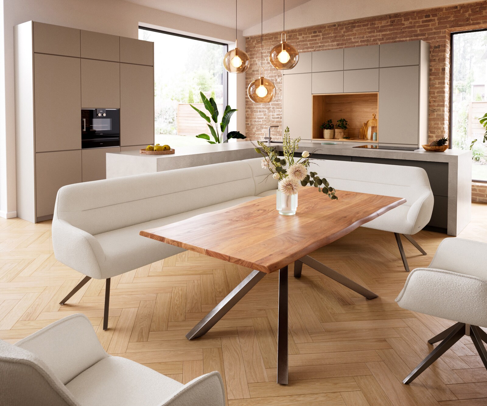 Esszimmerbank Taya-Flex 285x190 cm Bouclé Creme-Weiß Kreuzgestell kantig Graphit Taschenfederkern Links