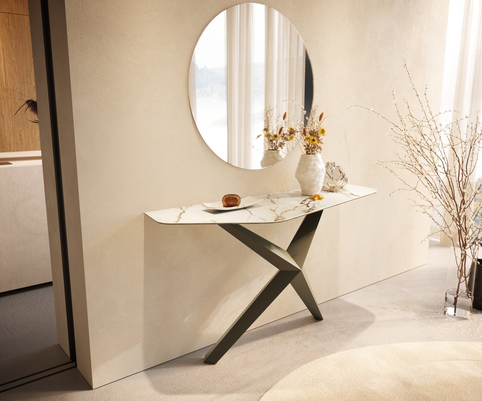 Console Edge Polygonal 140x50 cm Céramique Calacatta Luxe Weiß-Gold-Gris Zentharo Métal Effektfinish Titan 4