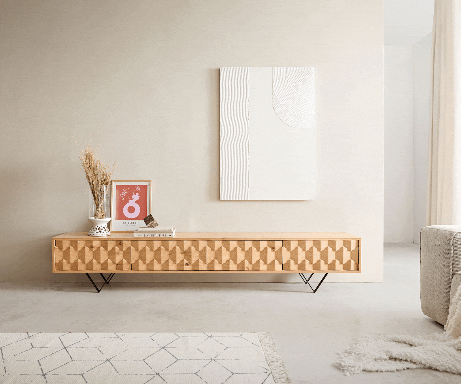 Lowboard Fevo 220 cm Eiche Natur 4 Türen V-Fuß Metall Schwarz 3 Lowboard Fevo 220 cm Eiche Natur 4 Türen V-Fuß Metall Schwarz 3