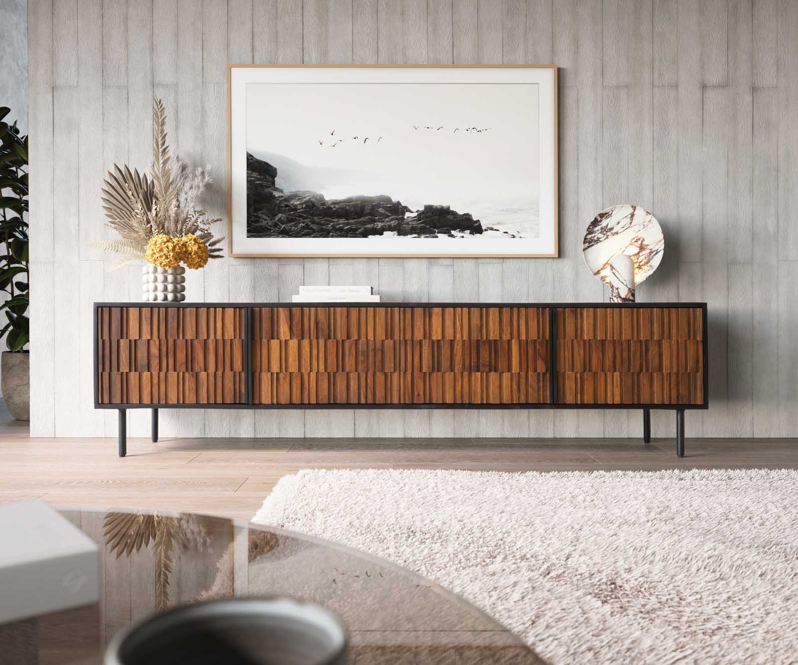 Meuble-TV Kallam 200 cm Sheesham noyer manguier noir métal noir 4 portes 1