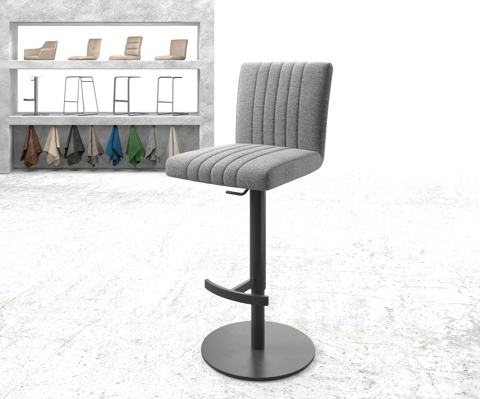 Chaise-de-bar Luiga-Flex tissu texturé gris clair pied pivotant réglable en hauteur métal