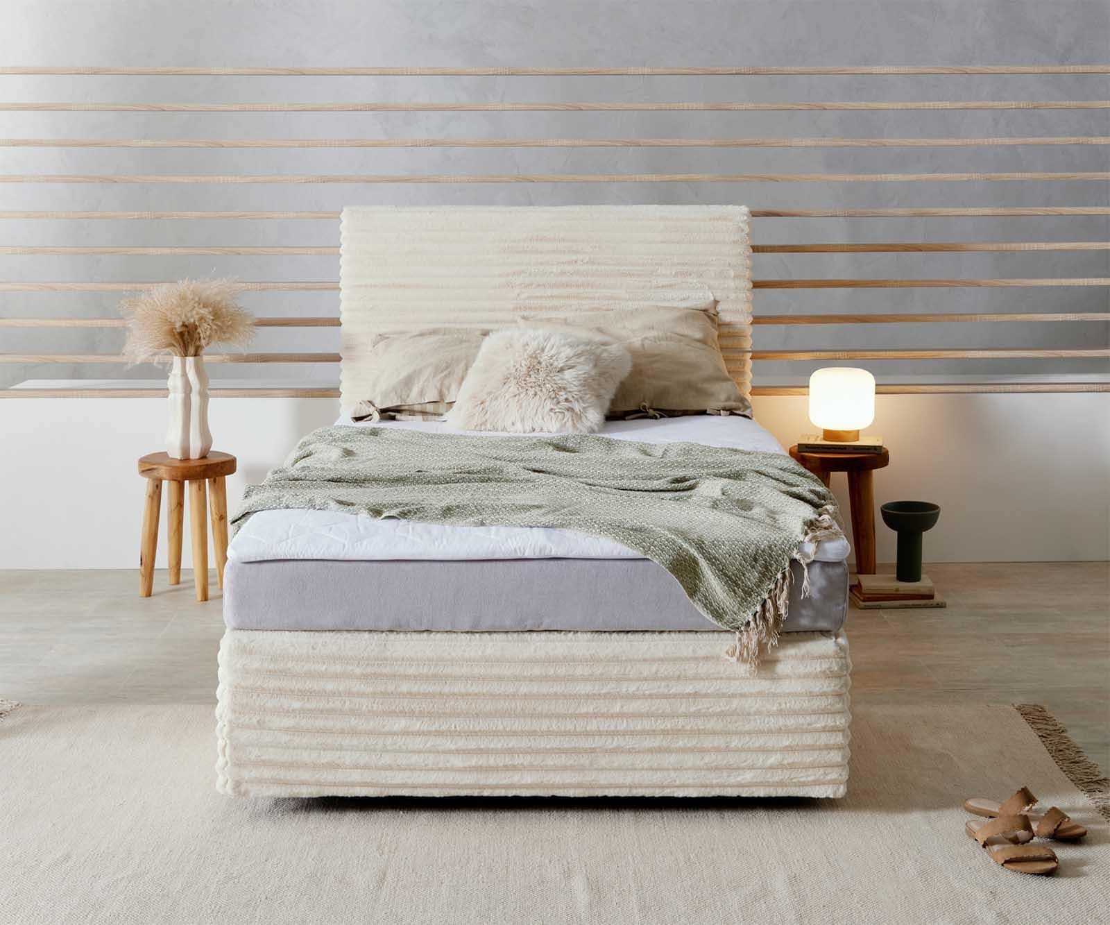 Boxspringbett Dream-Well Plüsch-Cord Beige 120x200 cm Bonell-Matratze PU-Topper 1 Boxspringbett Dream-Well Plüsch-Cord Beige 120x200 cm Bonell-Matratze PU-Topper 1