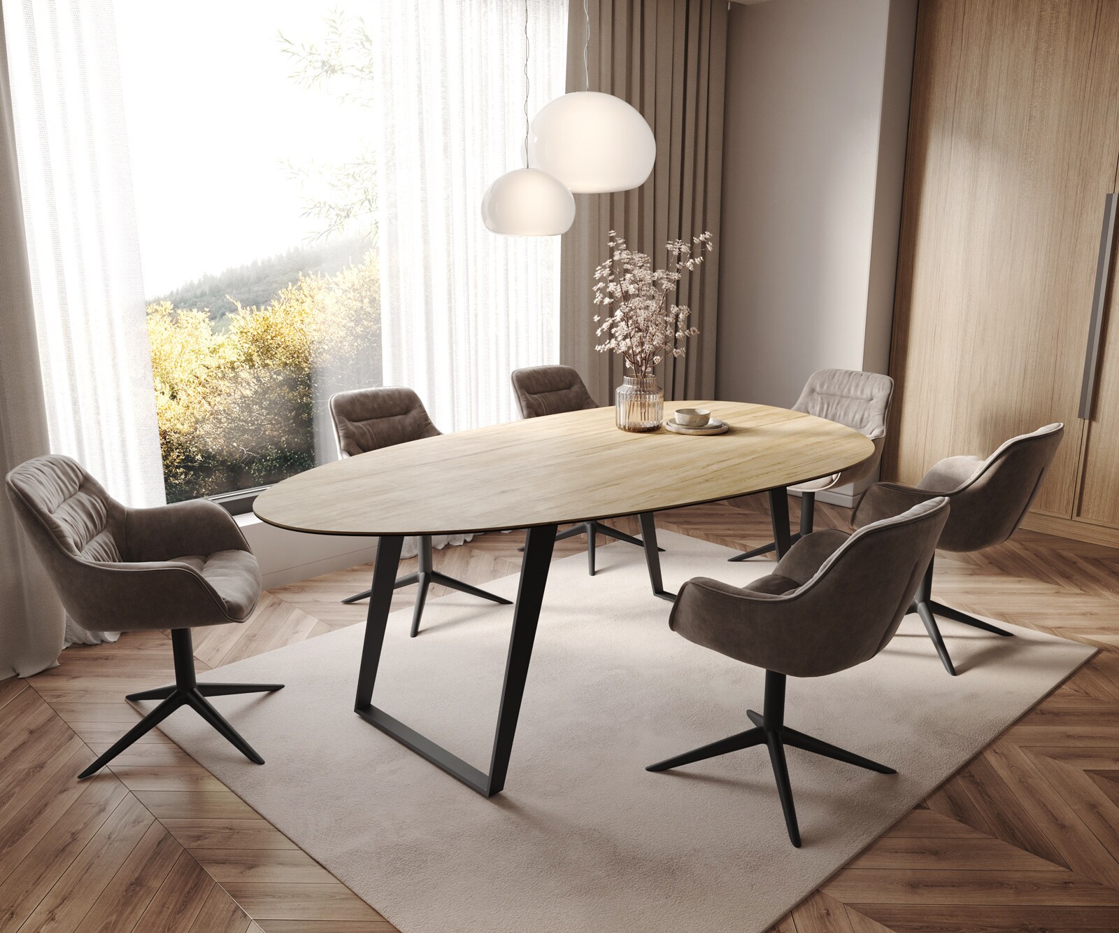 Esstisch Edge Oval 220x120 cm Keramik Laminam® Sabbia Eichefarbig Metall Schräg Schwarz 6