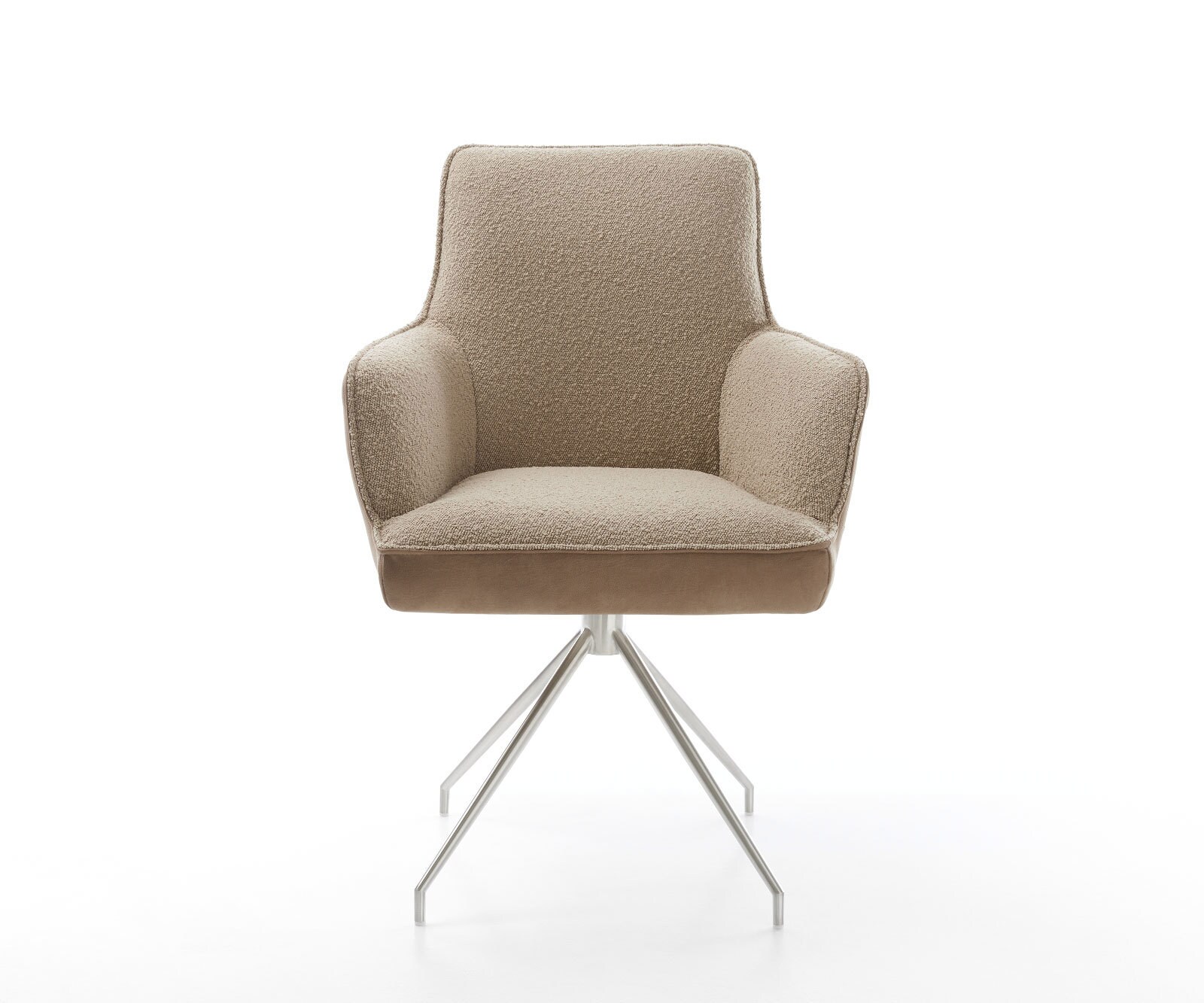 Chaise-pivotante Heira-Flex avec accoudoirs tissu mixte couleur boue pied croisé conique acier inoxydable brossé pivotement sur 180° ressorts ensachés 2