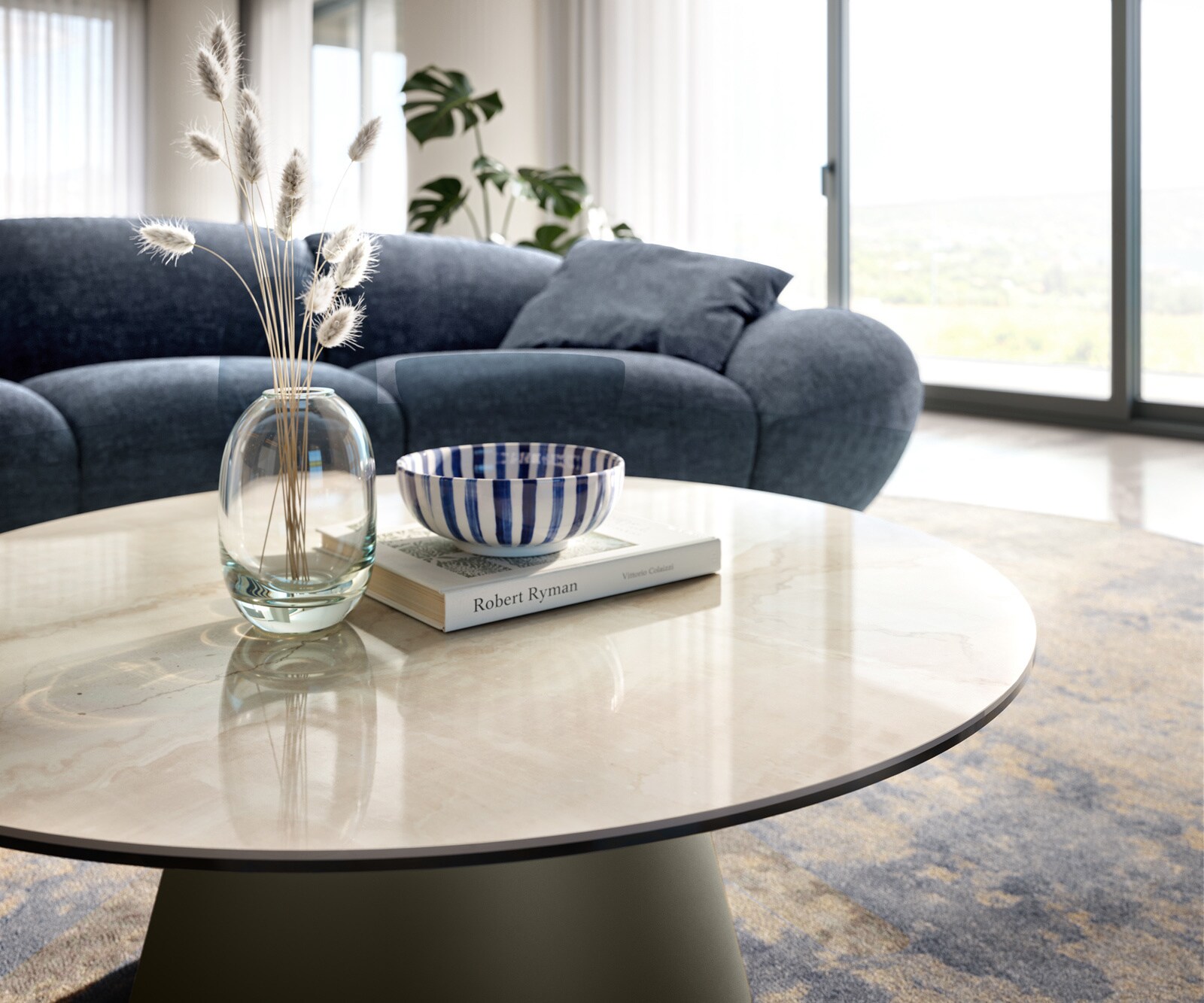 Table basse Edge ronde 90x90 cm céramique Onyx Champagne Borna finition effet titane 4
