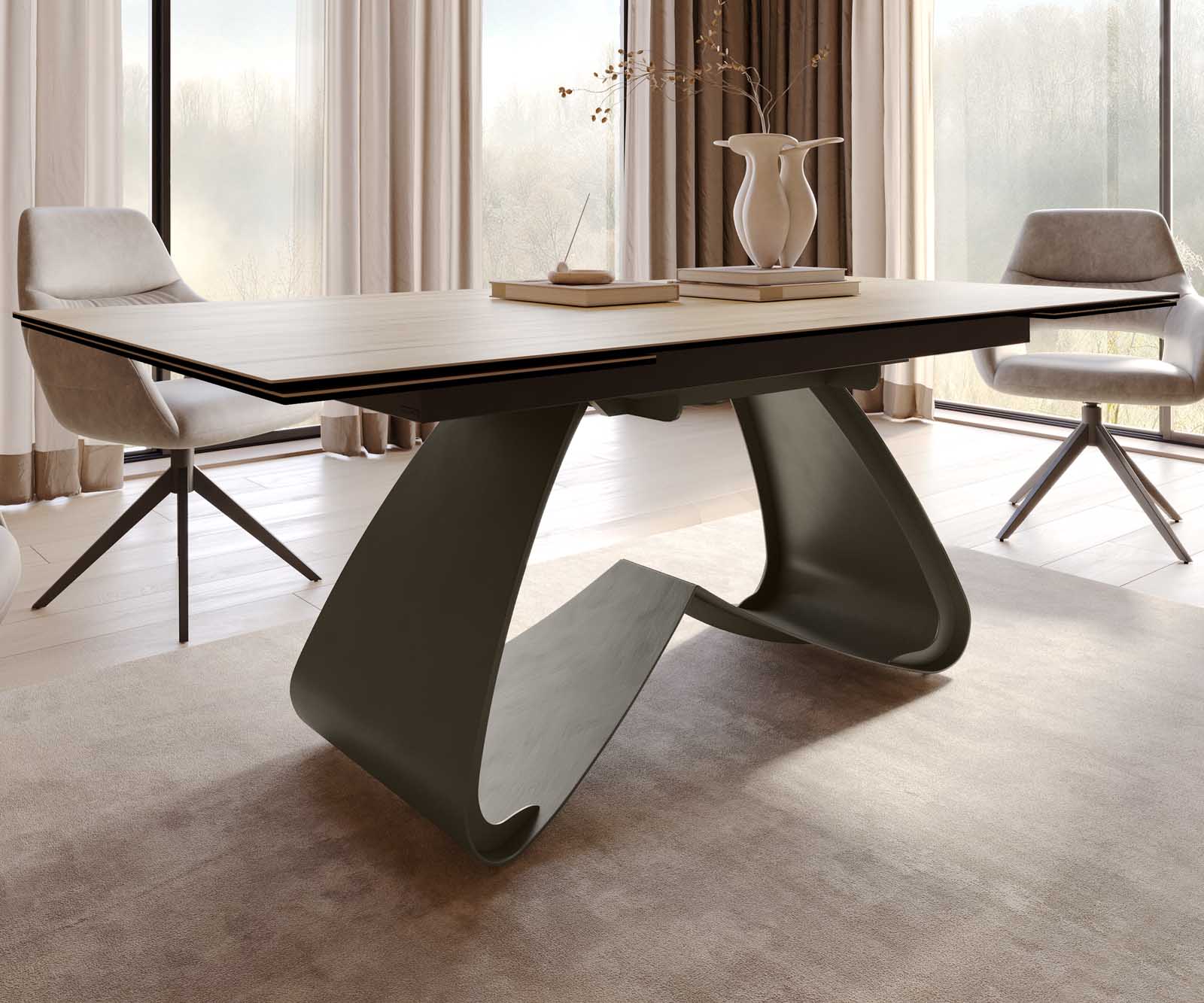 Esstisch Edge 200-300x100 Keramik Laminam® Sabbia Eichefarbig W-Gestell Effektfinish Titan Ausziehbar 7