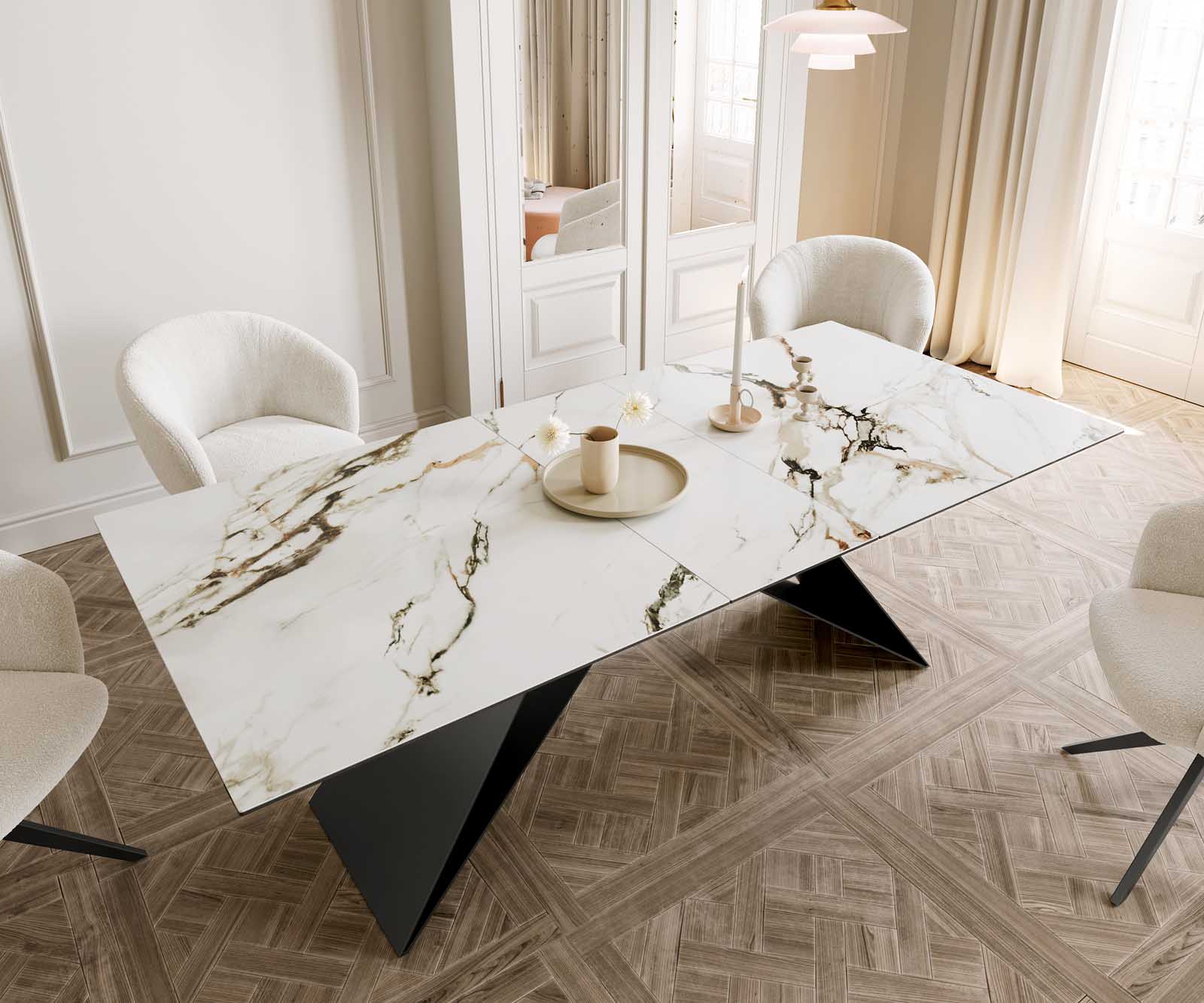 Esstisch Edge 180-220x100 Keramik Calacatta Luxe Weiß-Gold-Grau V-Gestell Flachstahl Schwarz ausziehbar 5 Esstisch Edge 180-220x100 Keramik Calacatta Luxe Weiß-Gold-Grau V-Gestell Flachstahl Schwarz ausziehbar 5