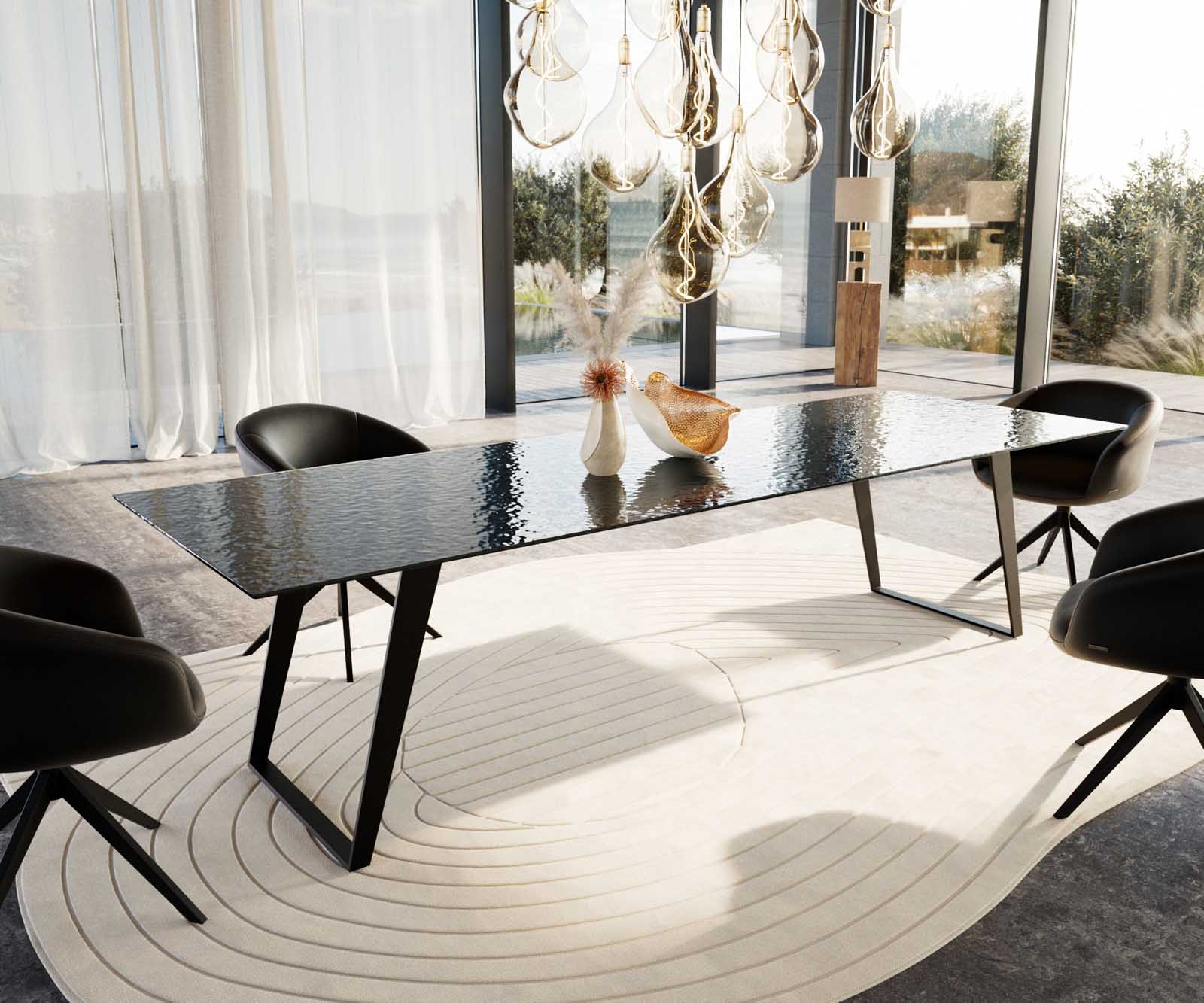 Esstisch Edge 300x100 Reliefglas Rauchschwarz 3D-Design Metall Schräg Schwarz Esstisch Edge 300x100 Reliefglas Rauchschwarz 3D-Design Metall Schräg Schwarz