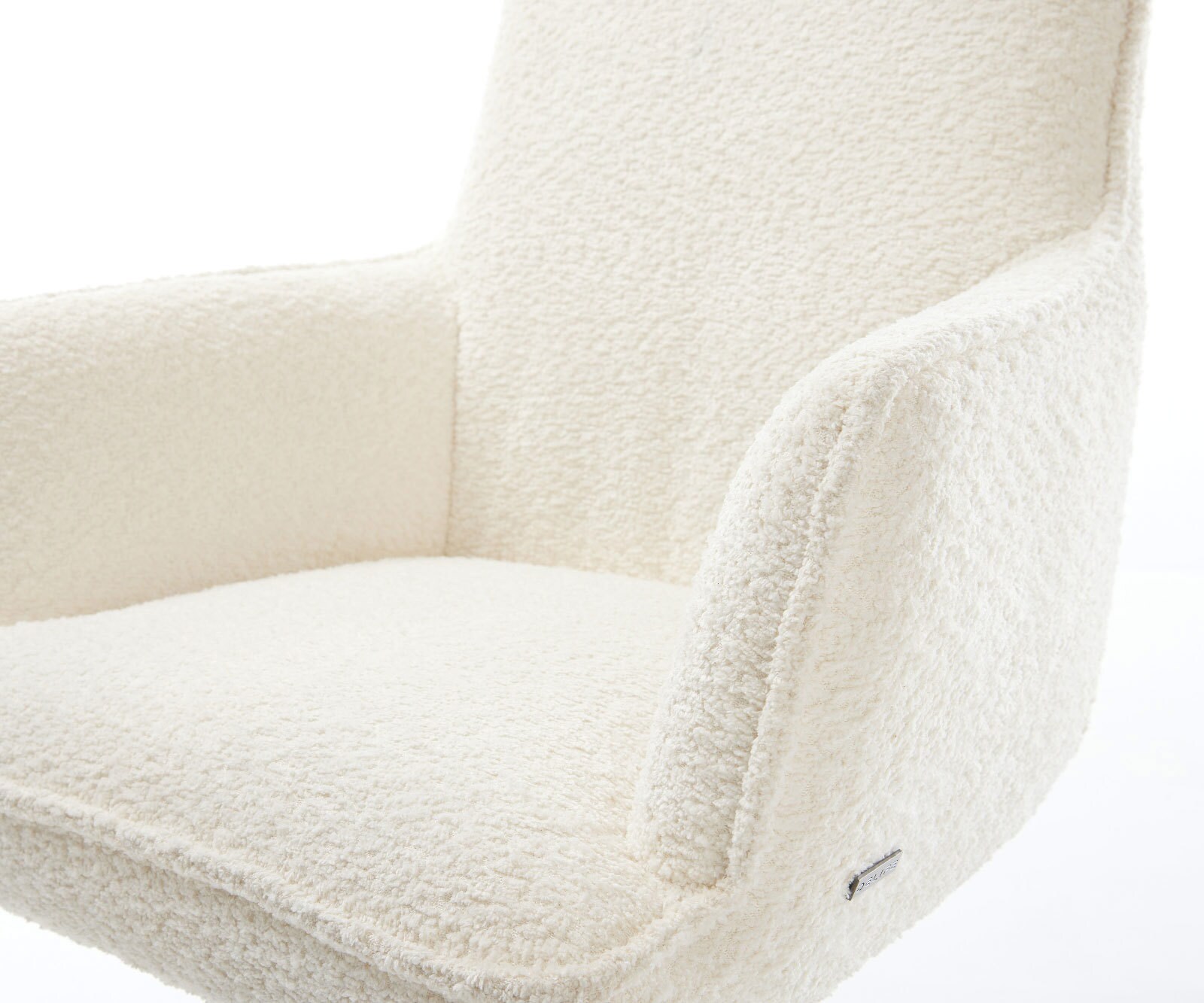 Chaise-de-salle-à-manger Heira-Flex avec accoudoirs bouclé blanc 4 pieds coniques acier inoxydable brossé ressorts ensachés 4
