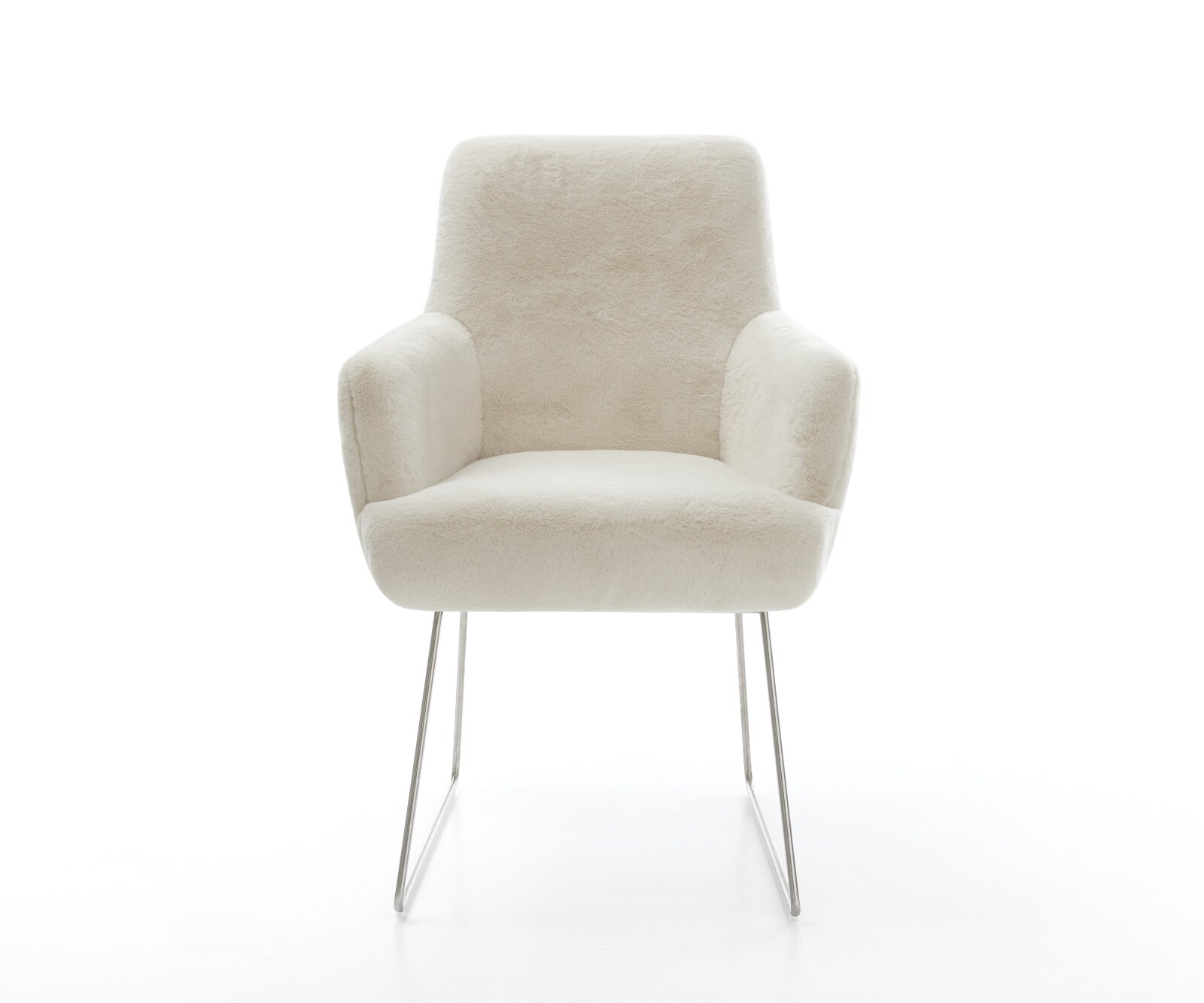 Chaise-de-salle-à-manger Heira-Flex avec accoudoirs peluche crème-blanc pied trapèze acier inoxydable resorts ensachés 2