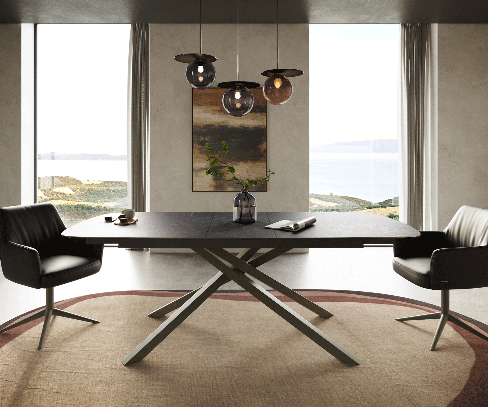 Esstisch Edge Boot 180-220x100 cm Keramik Laminam® Nero Greco Anthrazit Kreuzgestell Rechteck Effektfinish Titan ausziehbar 1