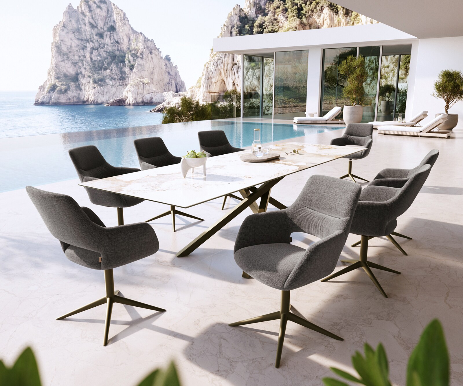 Chaise-d'extérieur Yago-Flex avec accoudoirs tissu texturé graphite pied de chaise 4 branches aspect titane pivotement sur 360° fonction bascule 3