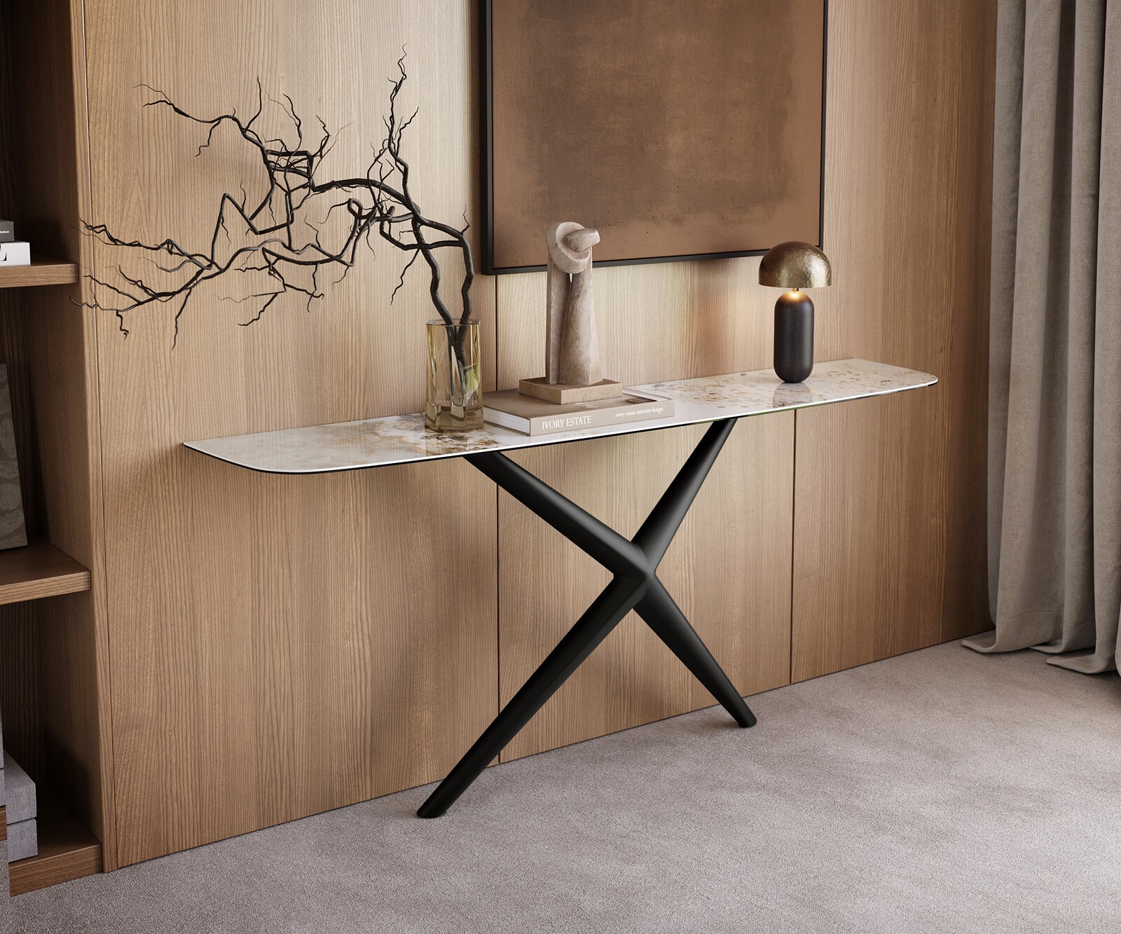 Console Edge forme bateau 180x40 cm Céramique Minas Melange Weiß-Beige Estelo Métal Noir 1