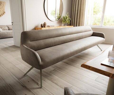Esszimmerbank Taya-Flex 300 cm Mikrofaser Taupe Vintage Kreuzgestell kantig Effektfinish Titan Taschenfederkern
