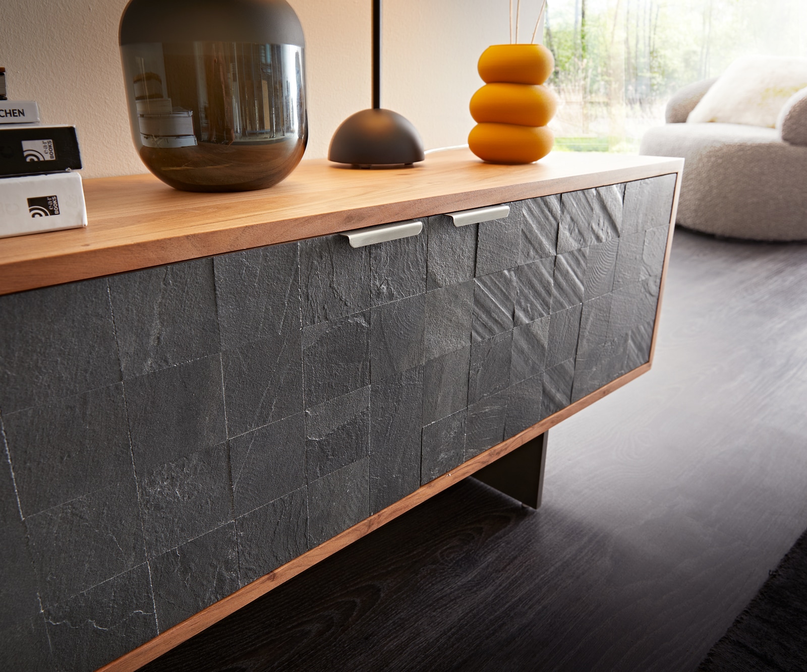 Lowboard Teele 200 cm Akazie Natur Schiefer 4 Türen Fuß schwebend Edelstahl 4 Lowboard Teele 200 cm Akazie Natur Schiefer 4 Türen Fuß schwebend Edelstahl 4