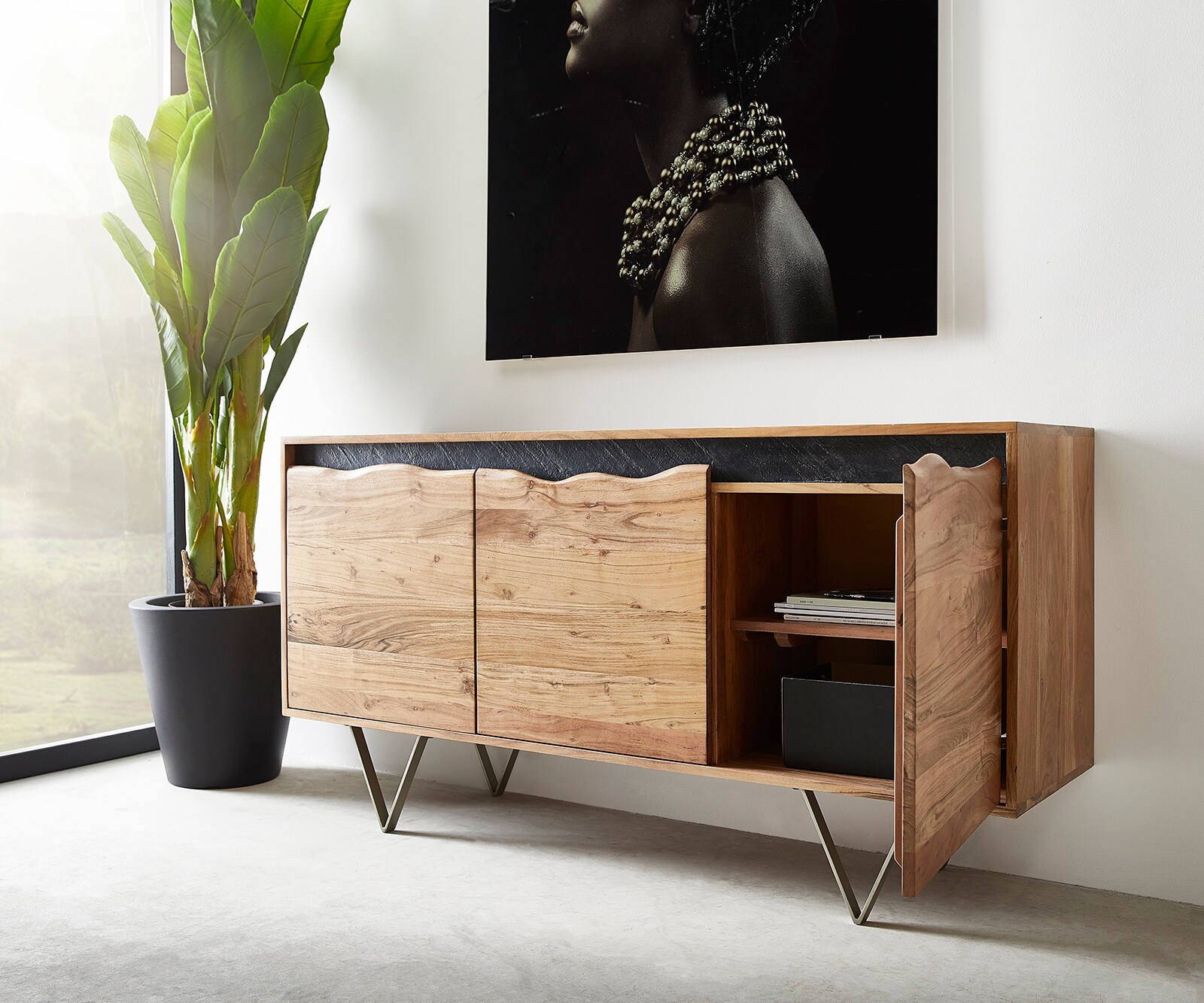 Buffet Stonegrace 147x45 cm acacia naturel 3 portes bord d'arbre 4