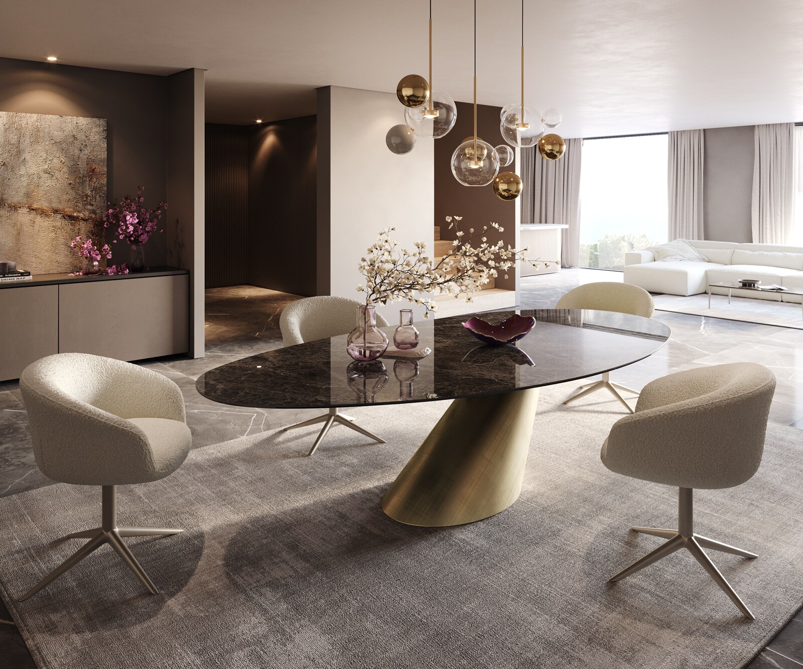 Table de salle à manger Edge Ovale Céramique Emperador Extra Lucidato Brun foncé 280x130 Cono Métallique Or 5