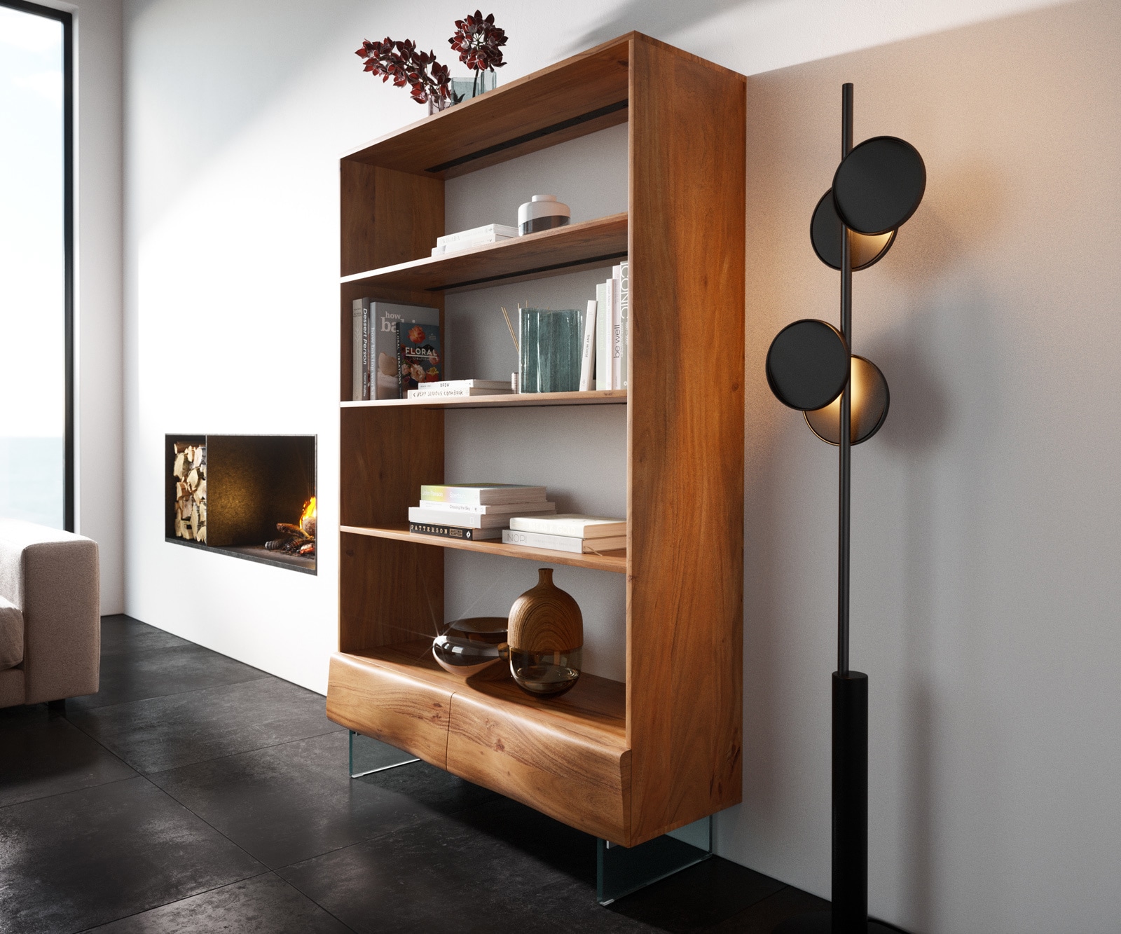Étagère New Live-Edge 115x150 cm acacia naturel 2 tiroirs pieds en verre  Étagère New Live-Edge 115x150 cm acacia naturel 2 tiroirs pieds en verre