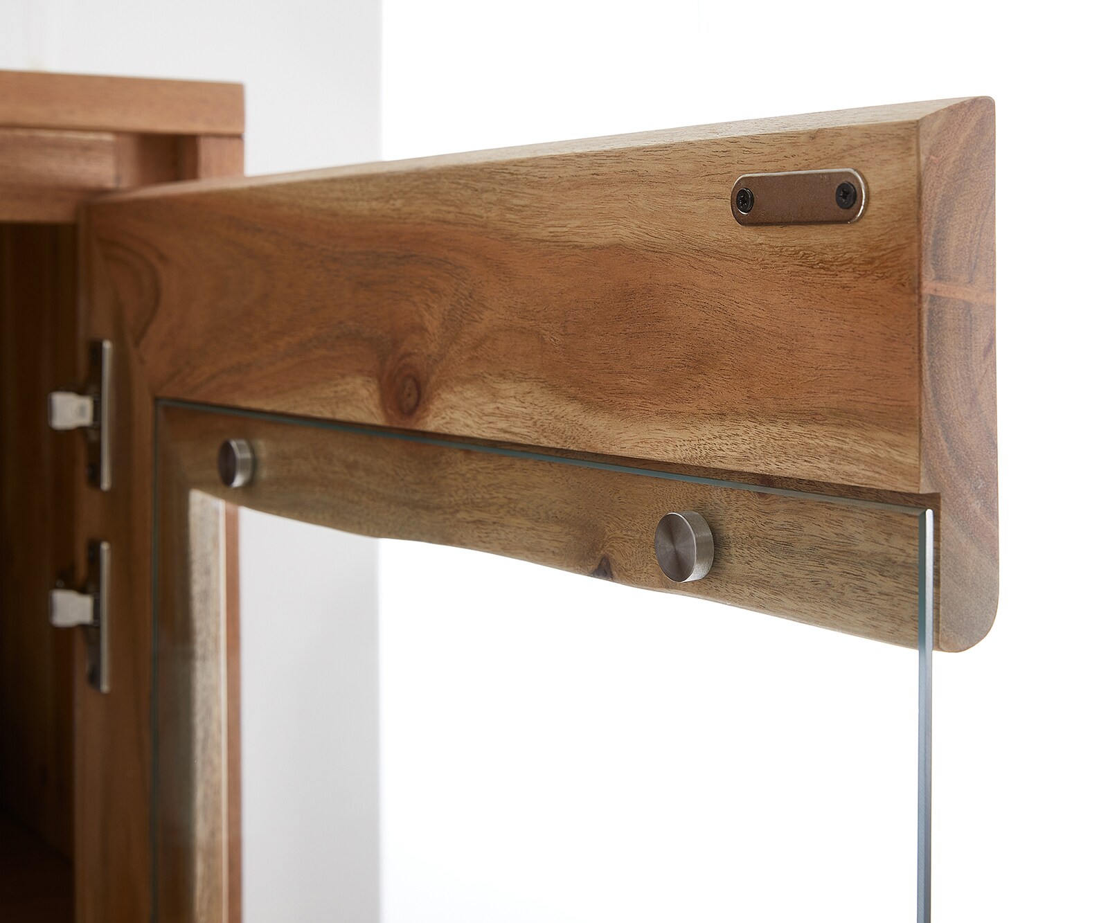 Vitrine Live-Edge 120x190 cm Akazie Natur gerade Kante 2 Türen 4 Schubladen Massiv 8