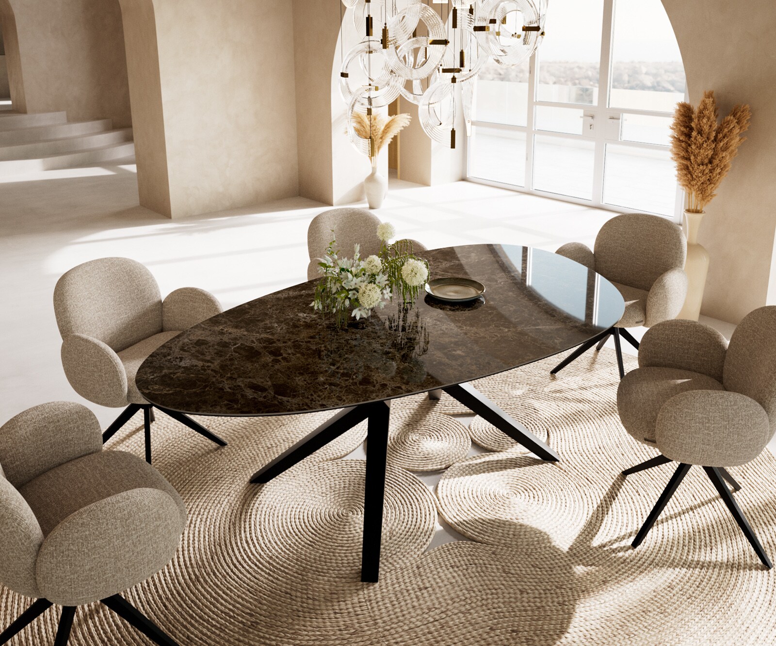 Table de salle à manger Edge Ovale Céramique Emperador Extra Lucidato Brun foncé 220x120 Zenthara angulaire Métal Noir