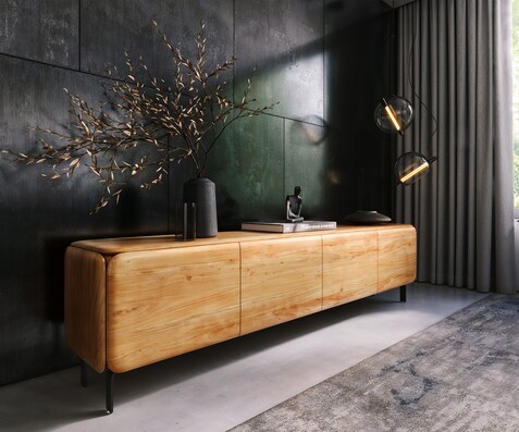Meuble-TV Shavani 220 cm, acacia naturel, 4 portes, pieds en L, métal noir