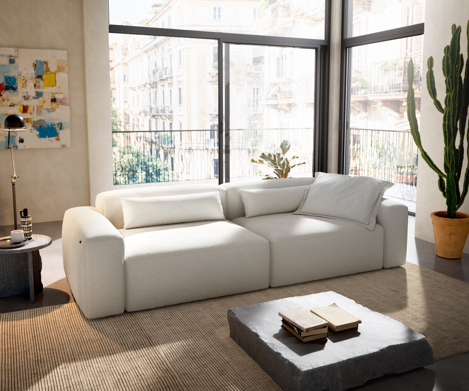 Bigsofa Freestyle 280x110 cm Bouclé Crème-blanc couture plate 4