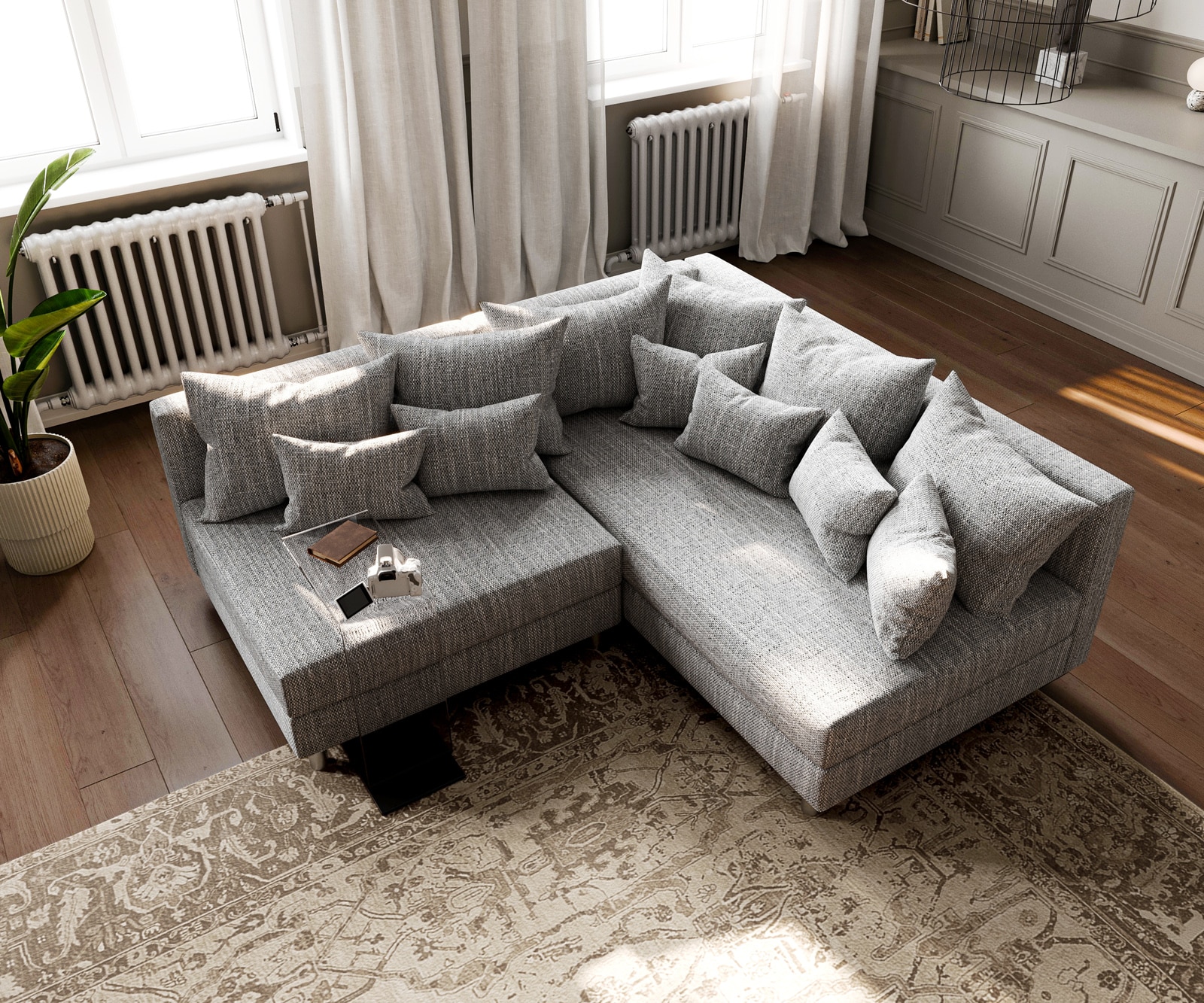 Canapé-d'angle Clovis tissu structuré gris clair ottoman droite canapé modulaire 4