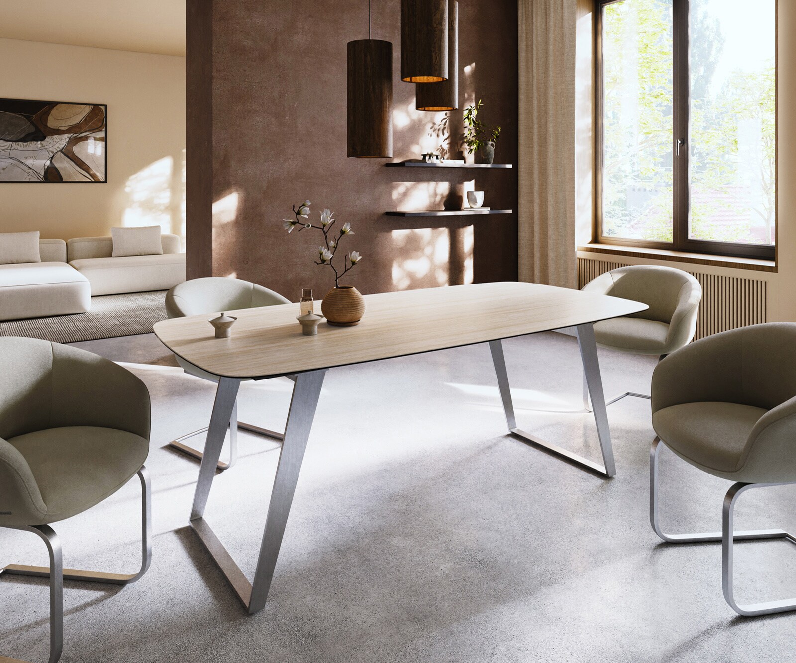 Esstisch Edge Boot 200x100 Keramik Laminam® Travertino Bianco Creme-Weiß Edelstahl Schräg 1