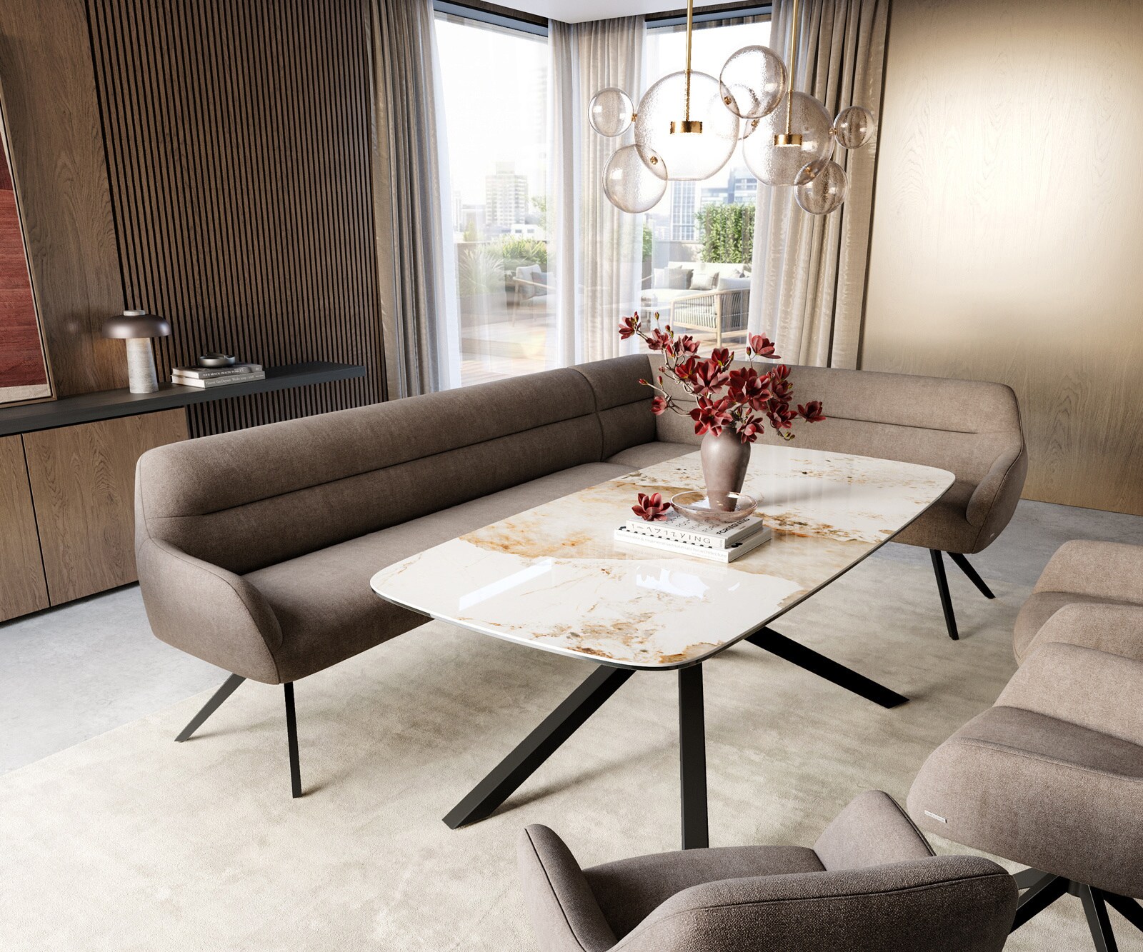 Esszimmerbank Taya-Flex 285x190 cm Strukturstoff Soft Taupe Kreuzgestell kantig Schwarz Taschenfederkern Links