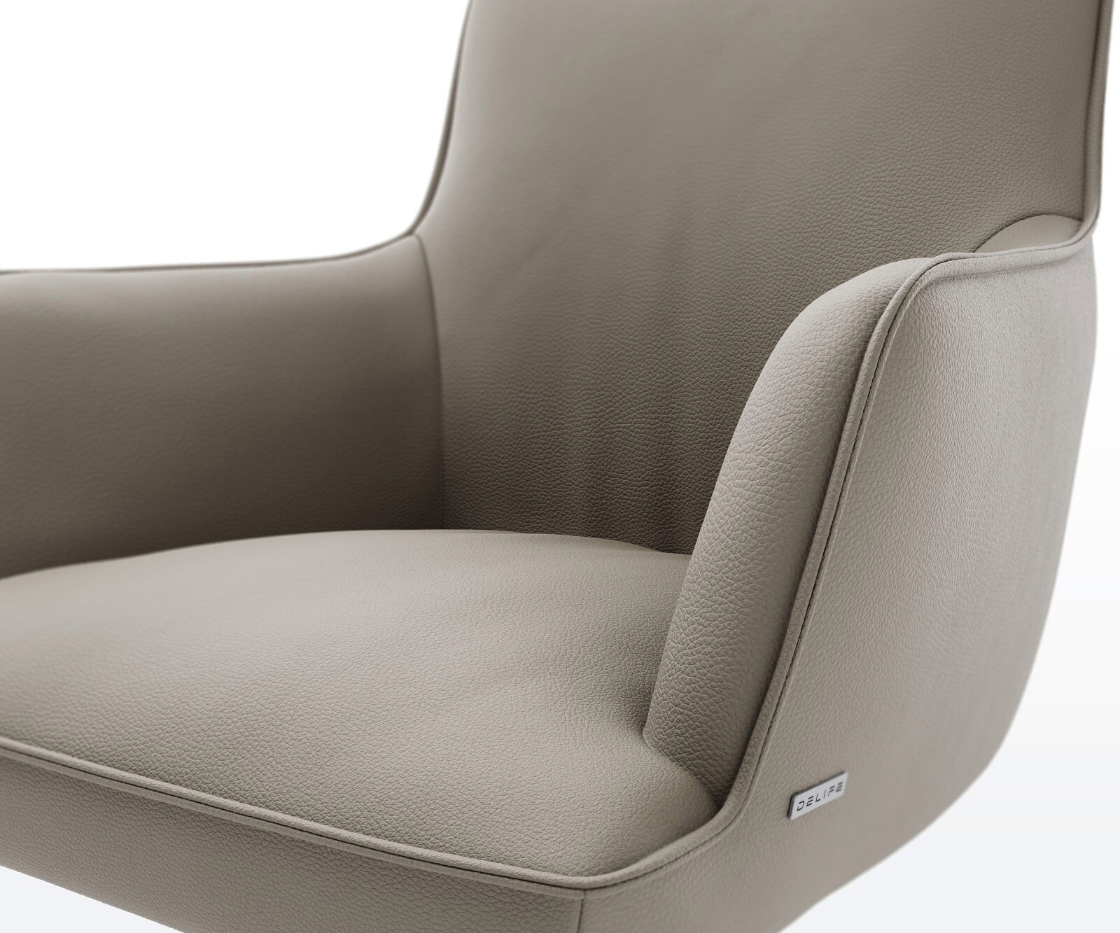 Chaise-de-salle-à-manger Heira-Flex avec accoudoirs cuir de vache couleur boue 4 pieds coniques acier inoxydable brossé ressorts ensachés 4