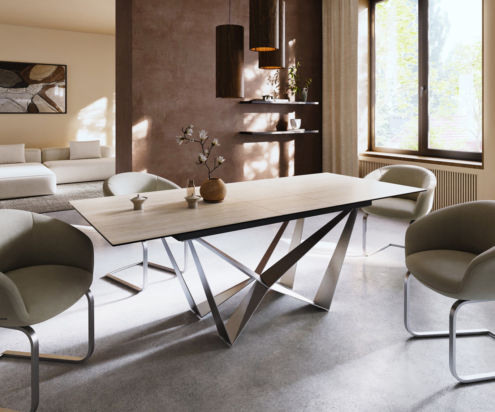 Esstisch Edge 180-220x100 Keramik Laminam® Travertino Bianco Creme-Weiß Spider Flachstahl Edelstahl ausziehbar